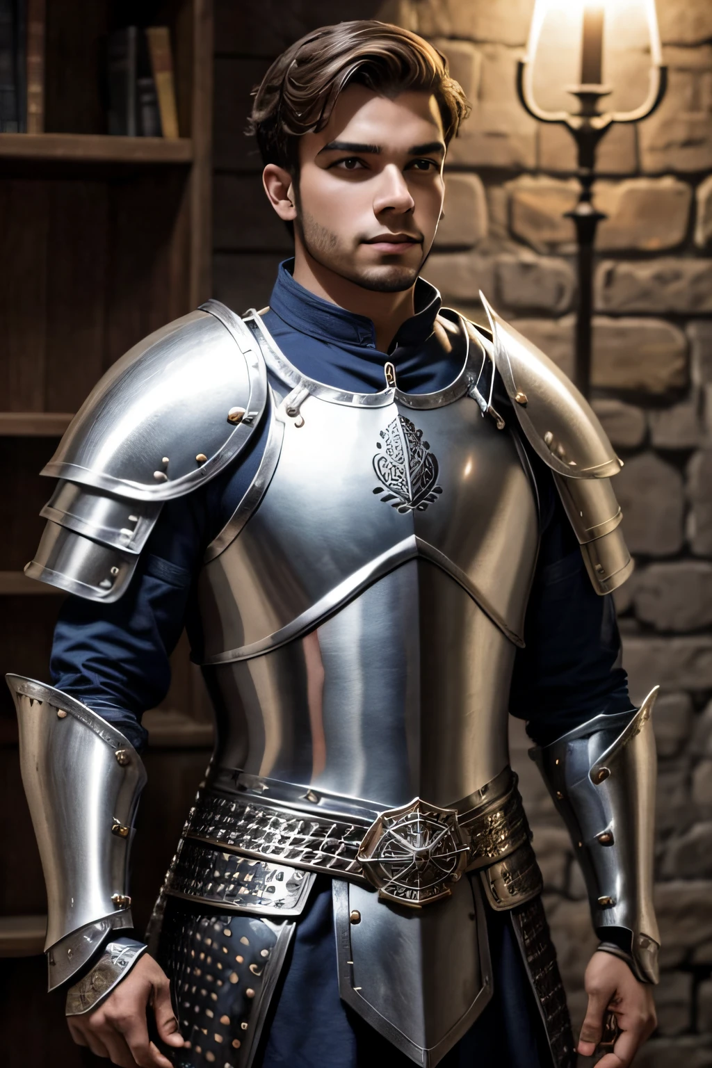 (masterpiece, photorealistic:1.4, extremely intricate:1.3), (photon mapping, radiosity, physically based rendering, ultra resolution, hyper-realistic, photorealistic:1.4, hyper-realistic, 8K), muscular man, ((black chrome late renaissance armor:1.4, chrome rivets (torso photograph, showing off his bulge)), metal reflections, outdoors, medieval battlefield, intense sunlight, far away castle, moat, (shaved blonde hair, dynamic pose), sharp focus, dramatic, award winning, cinematic lighting, (film grain, bokeh, interaction)