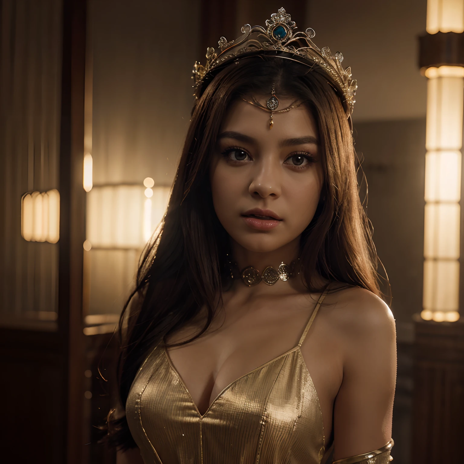 (8k, Foto RAW, best quality, master part:1.2), (Realistic, photo-realistic:1.37), ultra-detalhado, ultra high-resolution, Twtzuyu, 1 girl,Olhando para o Viewer,sorrir, ((wear a crown on your head)), Rainha, belos olhos detalhados,  (cabelos flutuantes), roupas detalhadas,  textura da pele, Cinematic lighting, professional lighting,