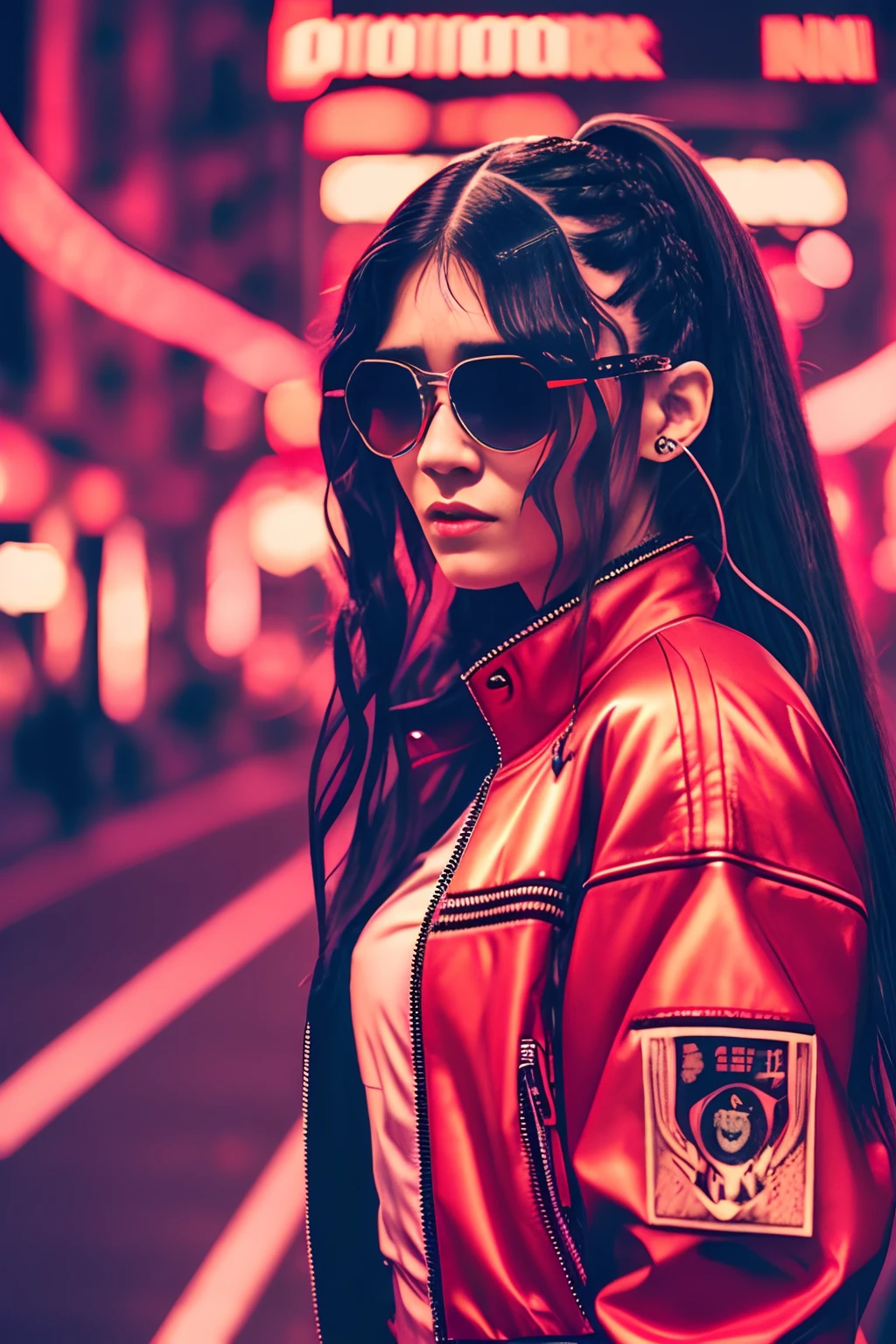 a woman standing in the middle of a street at night, cyberpunk art, inspired by Wang E, mamilos , Buceta, Pernas bem abertas, pernas levantadas, long black braided hair, with sunglass, trending photo, hip hop style, in style of lam manh, actress, 2019 trending photo, cool red jacket, in a cyberpunk themed room, young lady, grimes, photoshot, new song, - --auto --s2