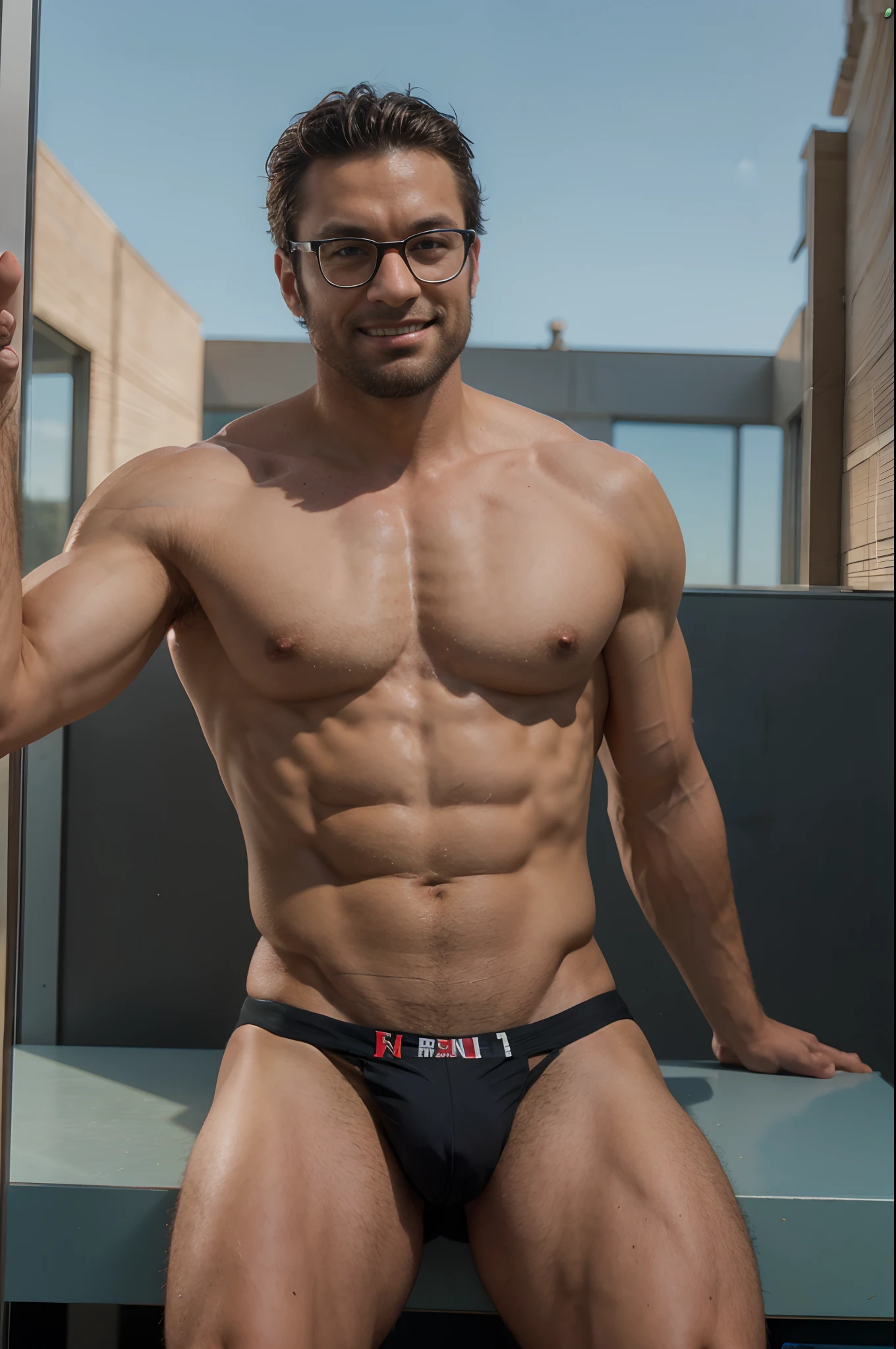 professional photoshooting,Wolverine sits on the podium in the classroom with glasses,looks into camera,Pedal podium,blackboards,Cross your hands at the waist,Muscle men,musculous, Medium lens with elevation angle, The upper body is wearing a suit,tiese,High detail, Super buff and cool, photorealistic perfect body, y muscular body, Muscular male body, close up half body shot, Muscular male teacher, Muscular body, full body shot shot,The lower body is wearing a loincloth,Spread your legs,Body front,The appearance of a 40-year-old man,Nasolabial folds,ssmile,A confident expression,Oily skin reflexes,Huge pectoral muscles,dark-brown skin,((Crotch bulge)),Plump crotch,Hands stroke your chest,Thick waist,wide waist,Detailed hair details,Paintings in the style of Gaston Busier,Solid color sky,Deep cyan sky,globalillumination, CG-level lighting rendering,low-contrast, (best qualtiy),tmasterpiece,8K wallpaper quality,List of Utria, Huge size, Cinematic