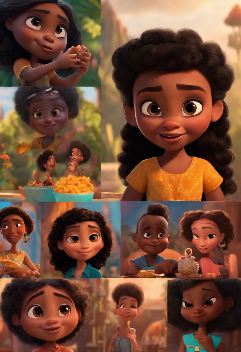 Um filme inspirado na Disney Pixar ( NEGRA JOVEM COM CABELO LONGO CACHEADO PRETO) dentro A cena estar na arte distinta do estilo PIXAR, descolada e estilosa