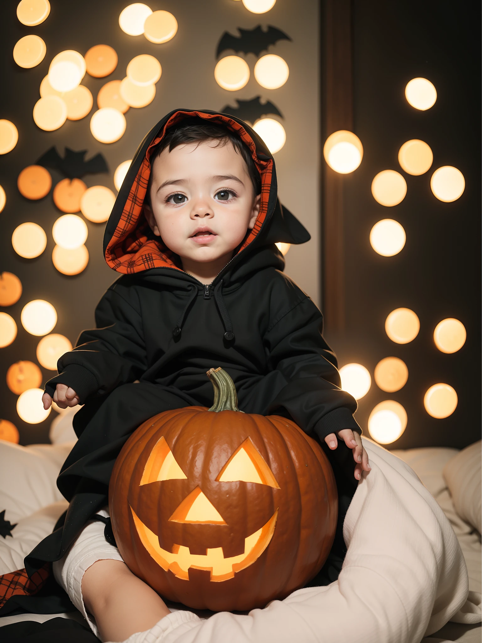 Arafed Baby in Halloween costume sitting with pumpkin, in a halloween style, cutest, portrait shot, cute boy, Halloween, kid, cutie, Shutterstock, Holding a jack in his hands - O - lantern, adorable, iStock, halloween theme, suit, little kid, edited, Cute, Trick or treat, menacing!, halloween night, Sweet, Pumpkin Halloween 🎃 , a beautiful background