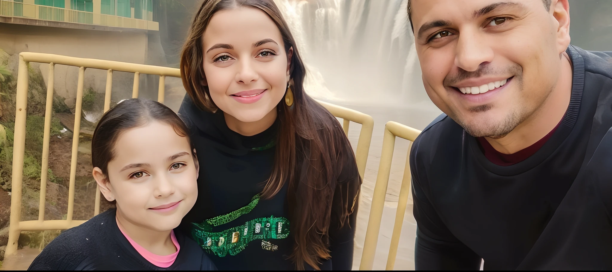 Arafed family posing for photo in front of a waterfall, cachoeiras ao fundo, cachoeira ao fundo, Isabela Moner, foto do instagram, imagem de qualidade muito baixa, Lorena Avarez, instagram, foto de perfil, foto de perfil, em frente a uma cachoeira, imagem desfocada, ๐ญ ๐คฎ ๐ ๐, com uma cachoeira