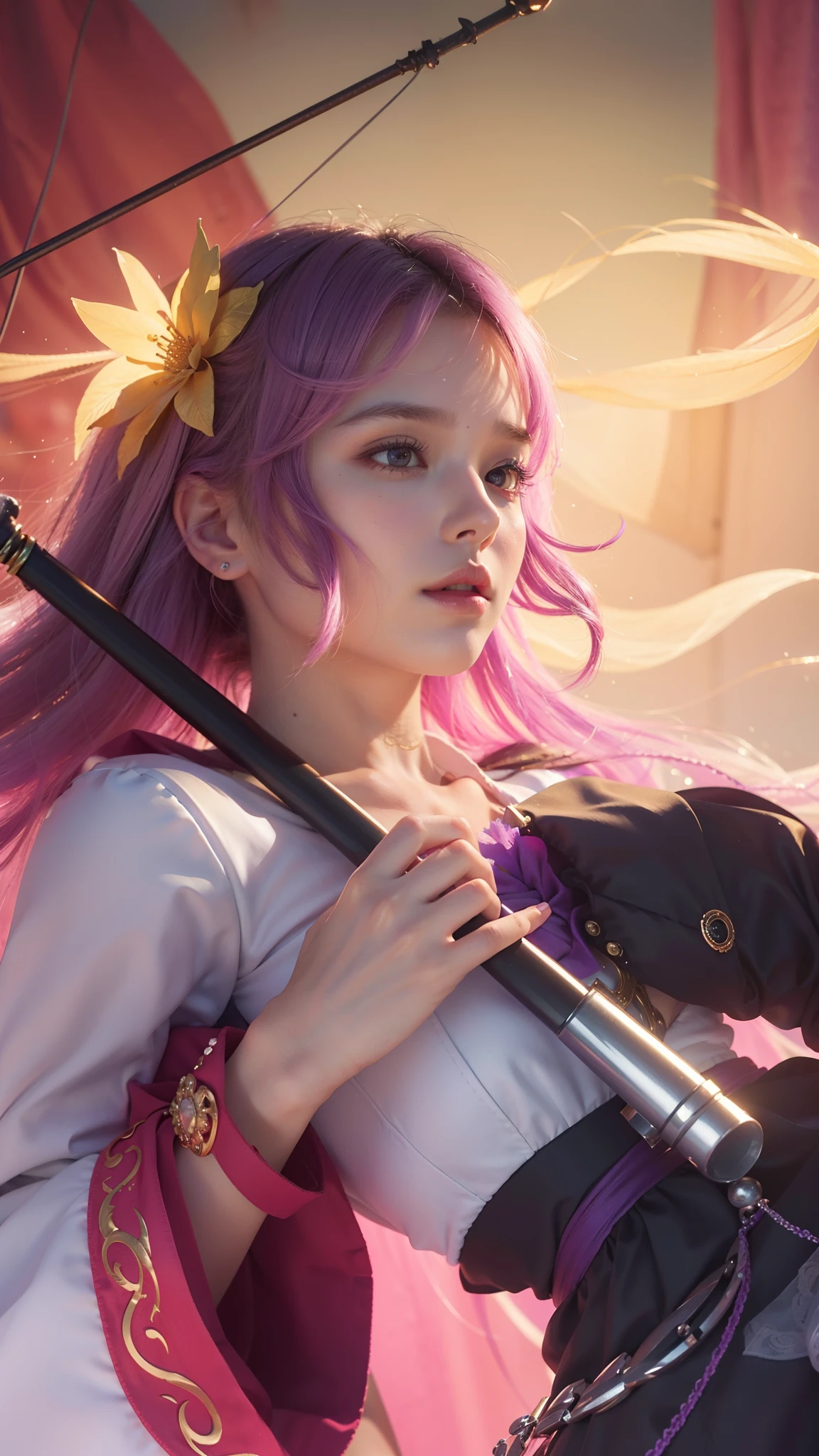 1girl, solo, game character, beautiful girl, extremely beautiful, ridiculously beautiful, masterpiece, top quality, young girl, white dress, beautiful princess, purple and white dress, golden accessories, flower hair accessories, ((realistic, hyper realistic, super detail, detailed clothes texture, detailed body shape, detailed skin texture, detailed background, detailed face))