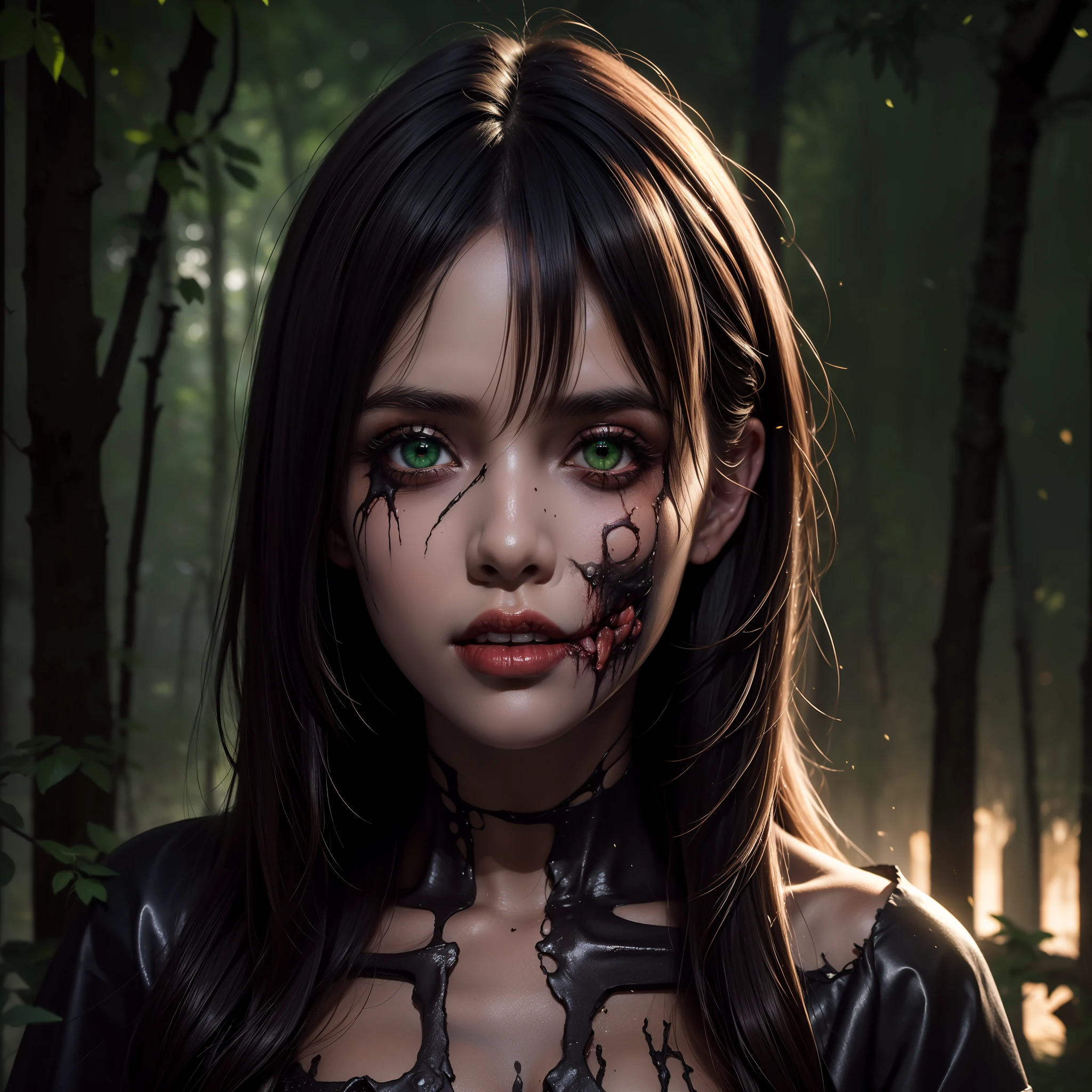 (8k wallpaper with extremely detailed CG unit, masterpiece, best quality, ultra-detailed), (best lighting, best shadow), (a perfect and symmetrical face of (((a beautiful zombie woman, decaying skin))), with green eyes that reflect the beauty of the world), sexy pose, full body, perfect body, perfect Anatomy, attractive, floating, high resolution, dynamic pose, graveyard background, Dark night.