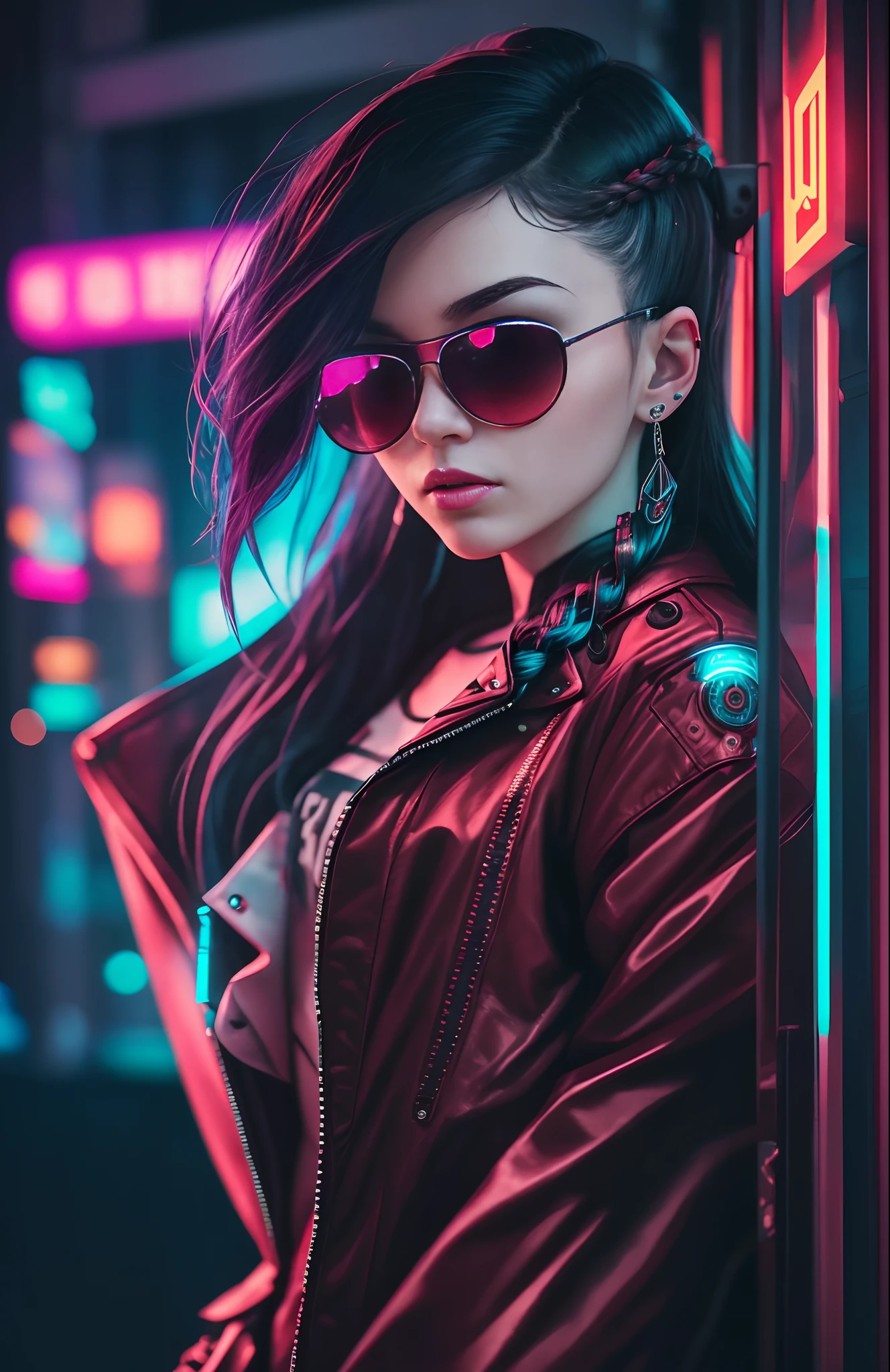 a woman standing in the middle of a street at night, cyberpunk art, inspired by Wang E, mamilos , Buceta, Pernas bem abertas, pernas levantadas, long black braided hair, with sunglass, trending photo, hip hop style, in style of lam manh, actress, 2019 trending photo, cool red jacket, in a cyberpunk themed room, young lady, grimes, photoshot, new song, - --auto --s2
