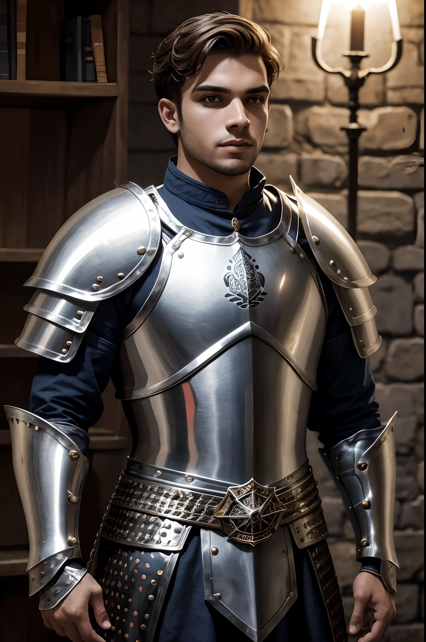 um homem jovem com uma brilhante armadura estilo medieval