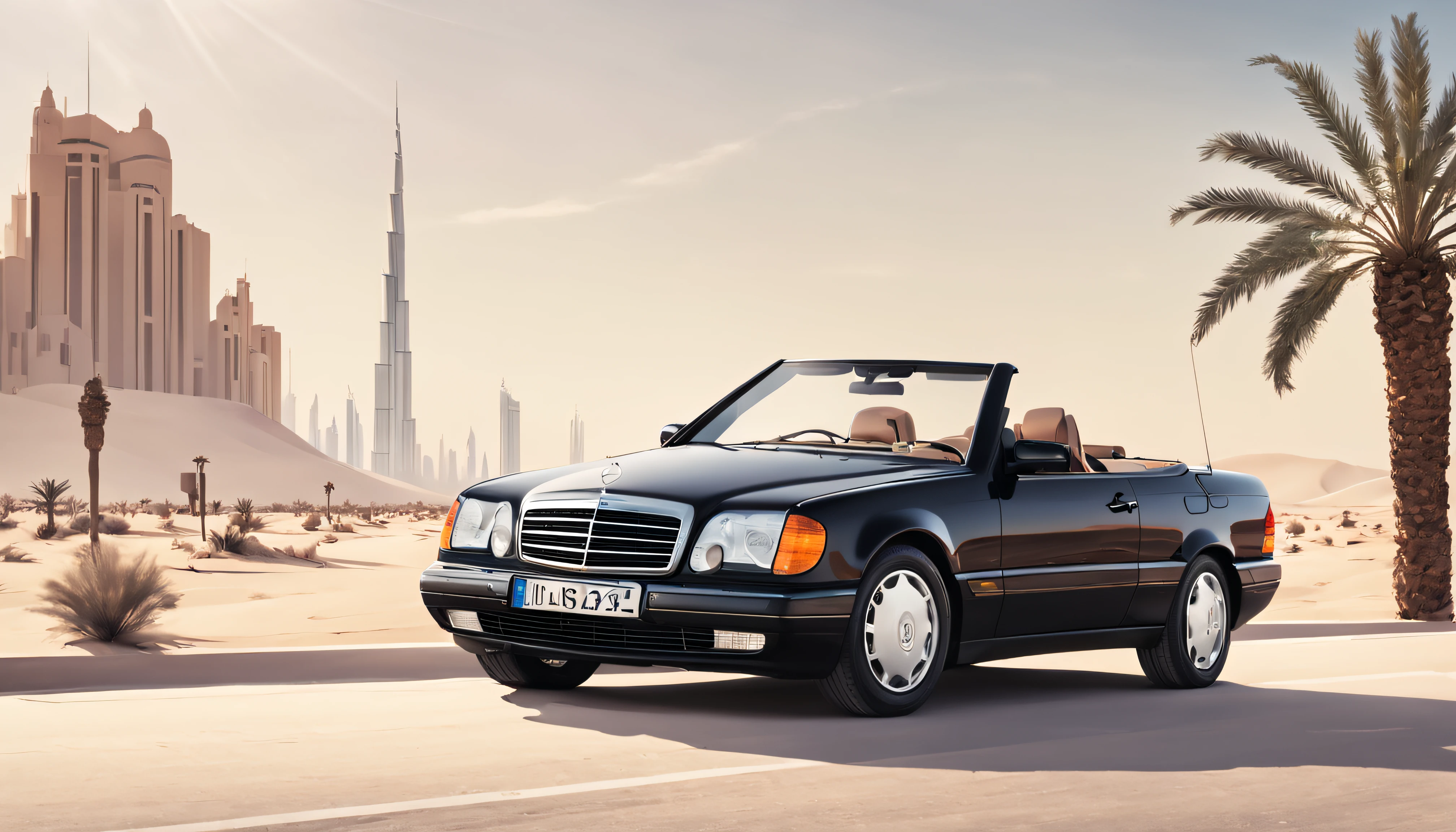 old cabrio 1995 mercedes e320 car on a road, 4 seats car, desert and dubai skyscapers