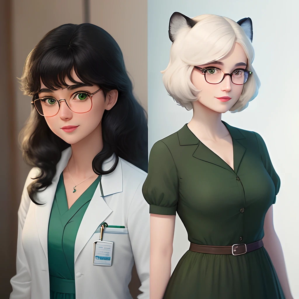 I would like to create a Disney Pixar character 

The character is a 27-year-old woman. His skin is white, a cor do cabelo preto, The eye color is black and the hair is long with long bangs to one side only, ela tem 83kg e 1,62. She's got a jaguar glasses, She loves to wear a green dress shirt and is a professor of medicine. She's lovely, tem uma cachorrinha shitszu cor caramelo com tons marrom escuro.