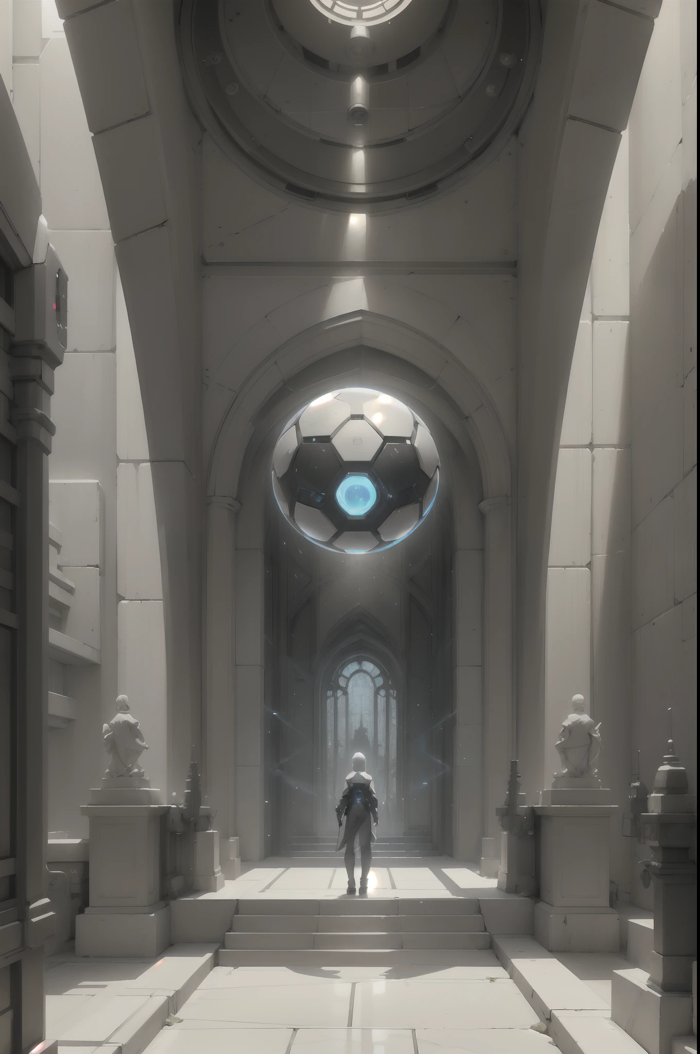 Urbanized interior. High, gigantic ceiling, temple-palace architecture. Cybernetic data center. The central part is a spherical computing artificial organism connected by many wires to monitors placed on the walls. The building is in the ancient Gothic style and looks very modern. White plastic, aluminum, polished artificial stone. 3D architectural printing. The walls are decorated with a complex geometric fractal pattern. White and gold dominate the main color range. The general stage is immersed in twilight, and the central form of the artificial organism is illuminated by white - artificial light. The shiny surface reflects surrounding objects. Lots of light bulbs - electronics. (Cyberpunk, futurism), (Ghost in the Shell style, Japanese anime.
Interior lighting, neutral-white light - warm shadows, matrix geometry, and secret symbolism decorate the floor. Tall Gothic windows - the atmosphere of the future, an alien highly developed civilization, in the side naves there are electronic holograms. Warm bright - contrasting light, light clear shadows, clear image of details, texture, decor (high image quality), (Clear high-quality render), (unreal engine), РD quality, 8K. Stylization Animation, RiotGames, Lucas Arts, Japanese cyberpunk anime, Blade Runner. Sh.R. Giger "Alien".