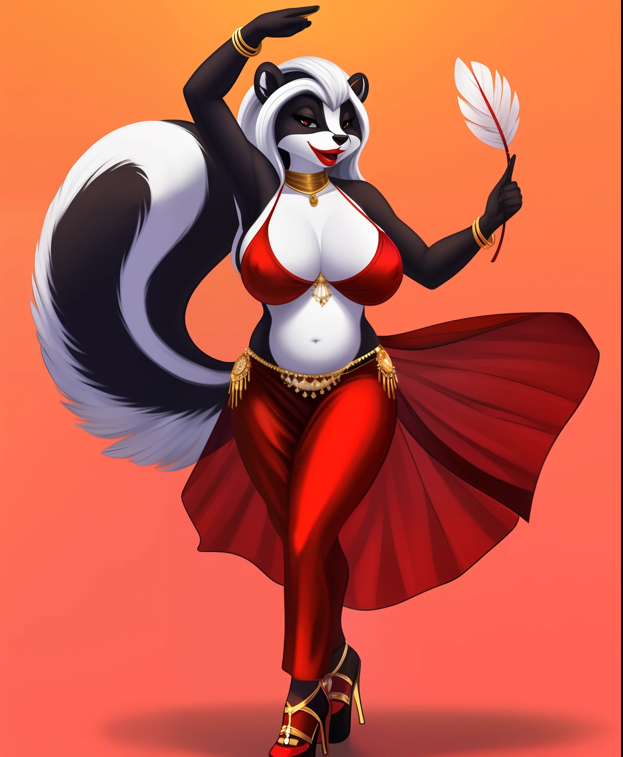 Female anthro skunk as an belly dancer, red shiny lipstick, boobs, ladies shoes, fanning, feathers
