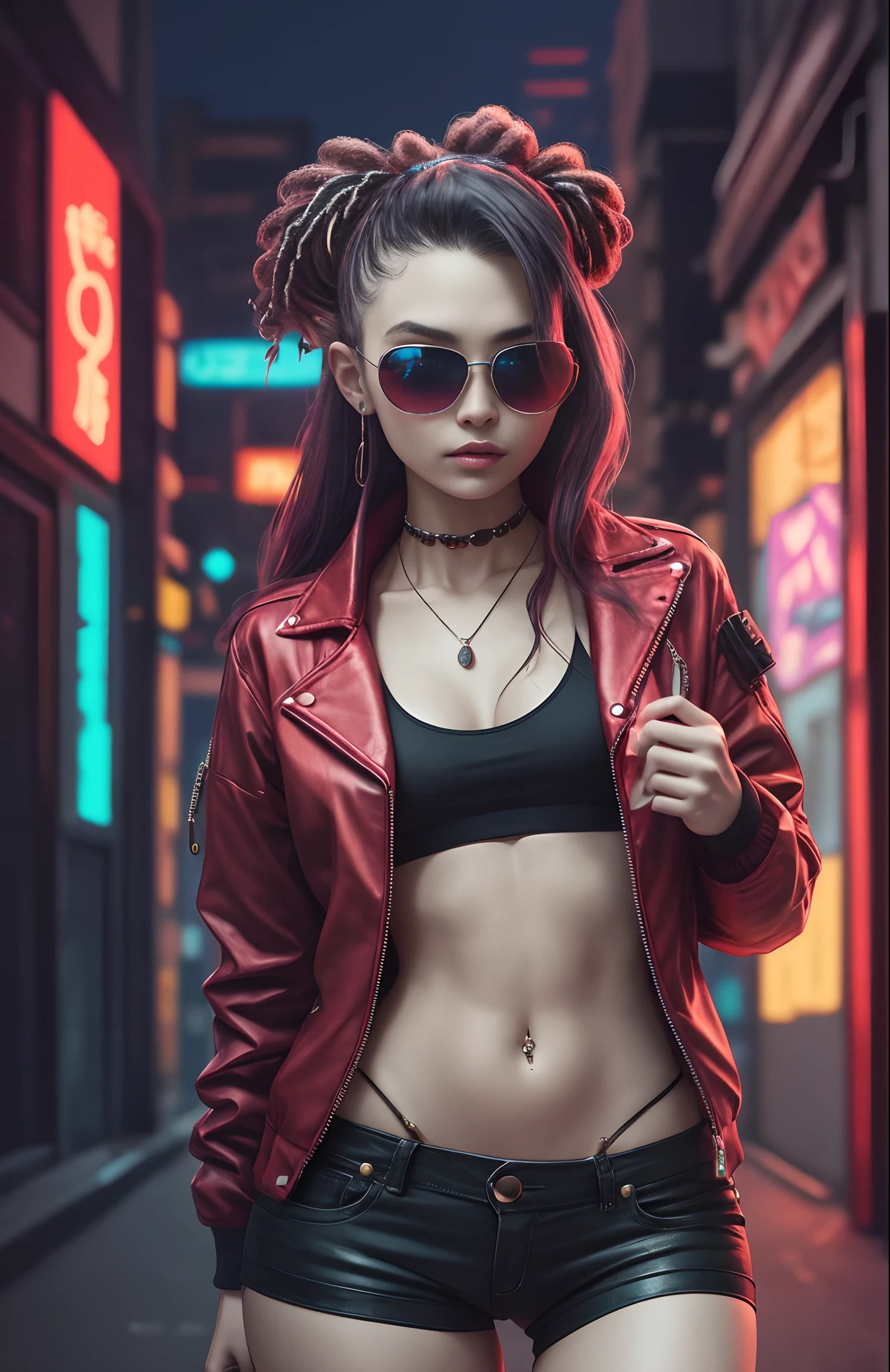 a woman standing in the middle of a street at night, cyberpunk art, inspired by Wang E, mamilos , Buceta, Pernas bem abertas, pernas levantadas, long black braided hair, with sunglass, trending photo, hip hop style, in style of lam manh, actress, 2019 trending photo, cool red jacket, in a cyberpunk themed room, young lady, grimes, photoshot, new song, - --auto --s2