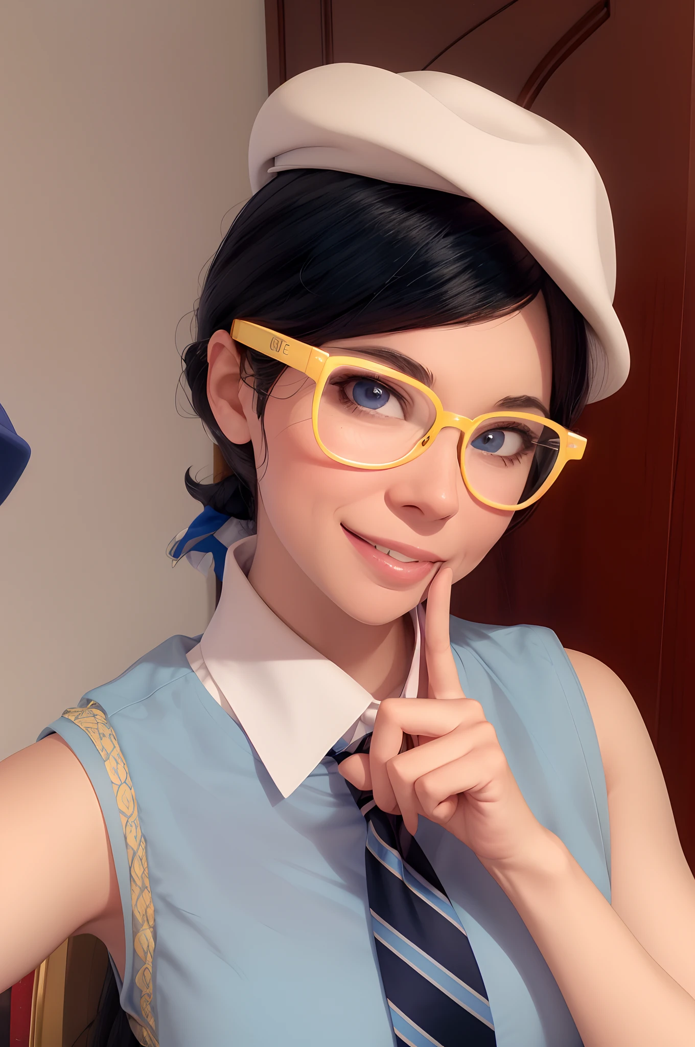 arafed woman in a blue dress and hat with glasses and a tie, with square glasses, belle delphine, faye valentine, anime girl cosplay, wearing thin large round glasses, with glasses, cute slightly nerdy smile, wearing wheat yellow gauze, glasses glasses, thick round spectacles, nerdy appearance, spectacled, professional cosplay, with black eyeglasses