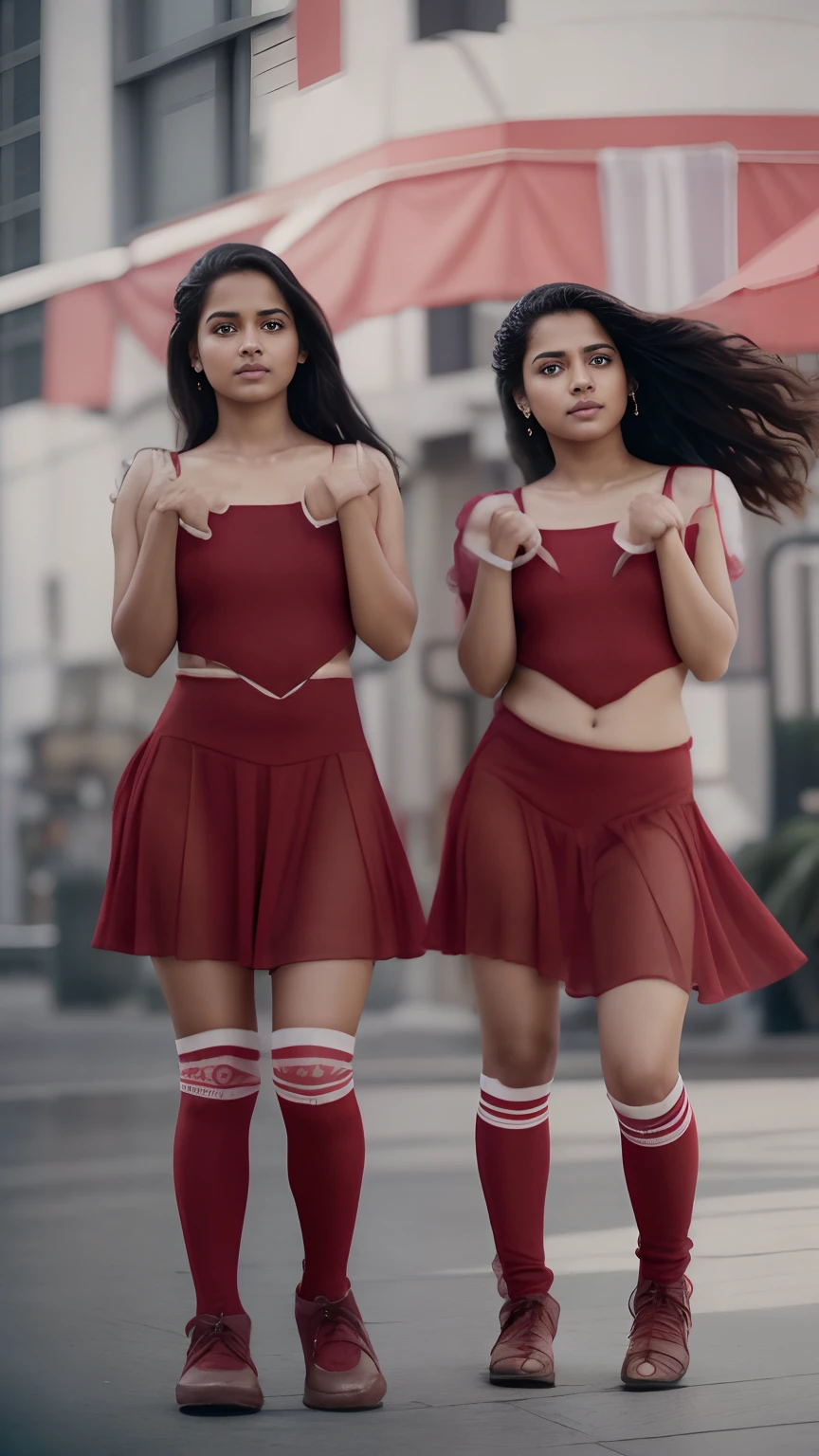 (editorial photograph of two young Indian woman), karla ortiz, (highly detailed face:1.4) (smile:0.7) (backround 5 star hotel , moody, private study:1.3) POV, by lee jeffries, nikon d850, film stock photograph ,4 kodak portra 400 ,camera f1.6 lens ,rich colors ,hyper realistic ,lifelike texture, dramatic lighting , cinestill 800, realistic, wearing red dobby weave self design fit & flare dress Sweetheart neck Short, puff sleeve Tie-up detail on back Above knee length in flounce hem Attached Lining Chiffon fabric, actress, karla ortiz, posing!!, candid picture, by Max Dauthendey,