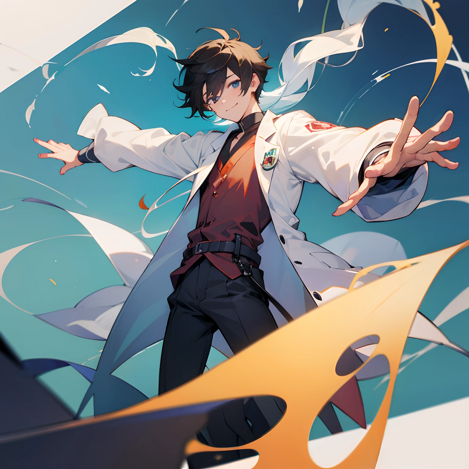 1 male、games、charicature、Anime style、a smile、wearing lab coat、Cool、twinks、High school students、Two arms、5 fingers、up