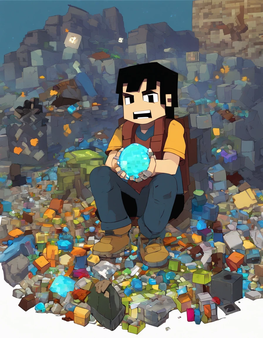 1boy, orphan shocked, shabby cloths, looking at the Perl, solo, full body, yellow eyes, sitting on ground, garbage's around him, holding a glowing blue pearl, messy hair, black hair, ripped old choths