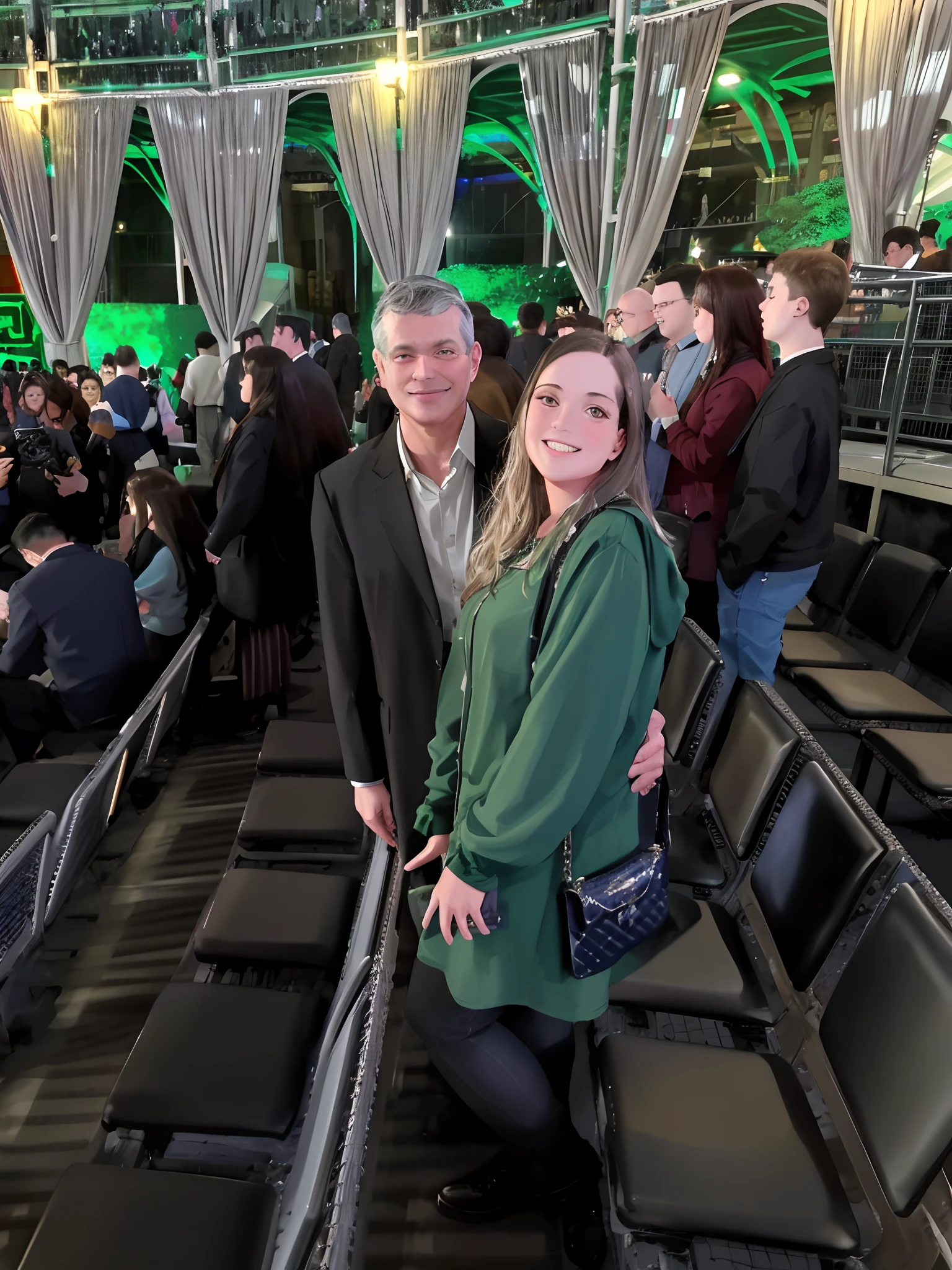 There are two people standing in a stadium with seats full of people, audience in the background, In the background, non blurry, Fotografia tirada em 2 0 2 0, divertindo-se, foto ruim, no futuro telhado de luz neon, Directed by: Emma Andijewska, 🤬 🤮 💕 🎀, ligeiramente desfocado, non blurry, Directed by: David Ruby