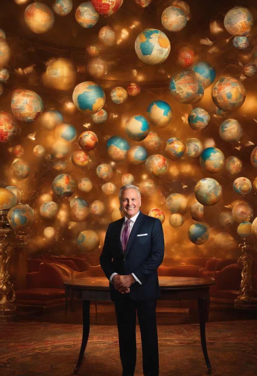 A dynamic presenter, with 40 years of experience in television, stands in front of a mesmerizing backdrop of lottery globes, each one representing a different chance at fortune.