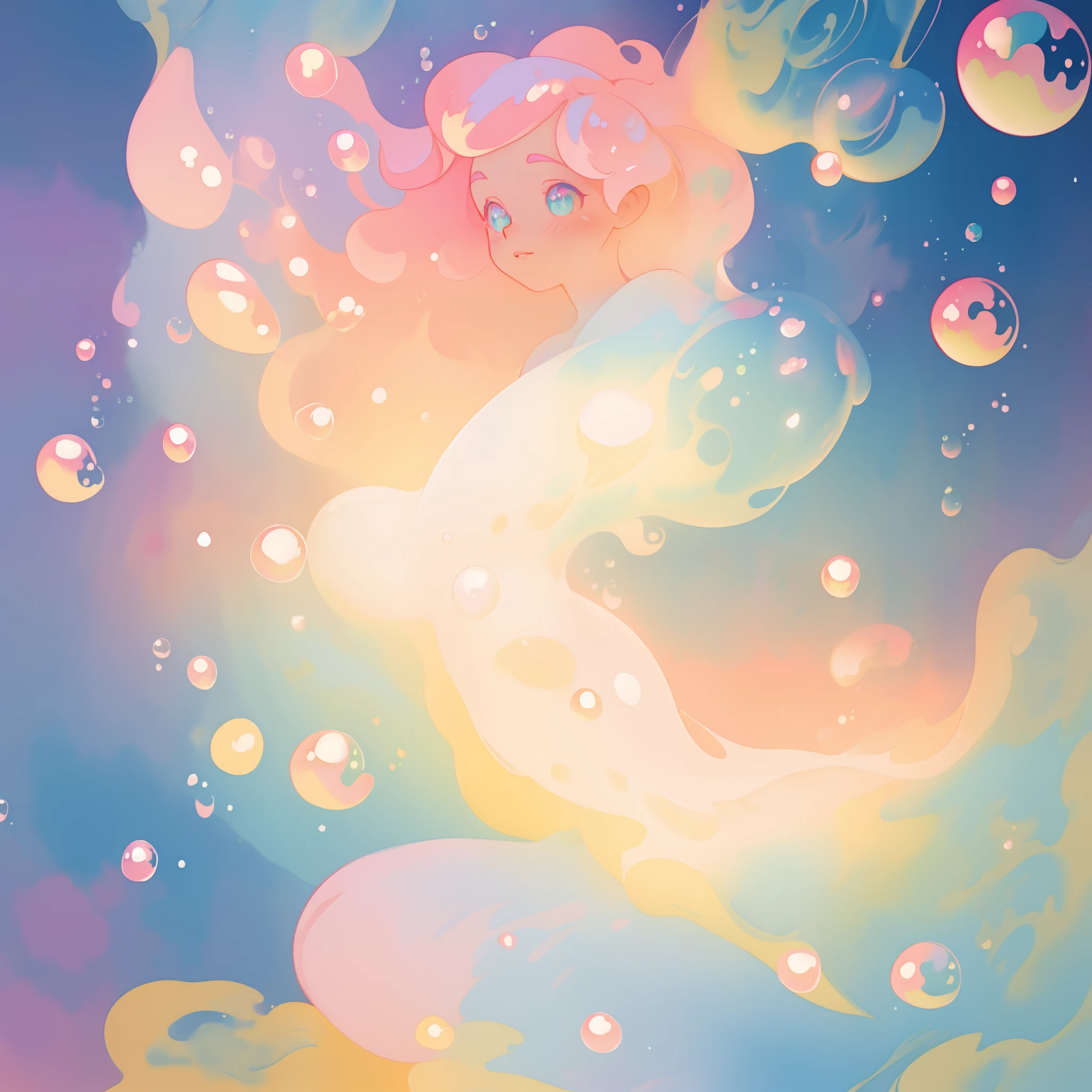 beautiful nude anime girl covered by hundreds of bubbles, vibrant pastel colors, flowing long pink peach hair, (colorful), magical lights, sparkling lines of light, glowing aura around her, fantasia background, whimsical, magical, fantasy, beautiful face, ((masterpiece, best quality)), intricate details, highly detailed, sharp focus, 8k resolution, sparkling detailed eyes, liquid watercolor, (((bubbles))), SFW