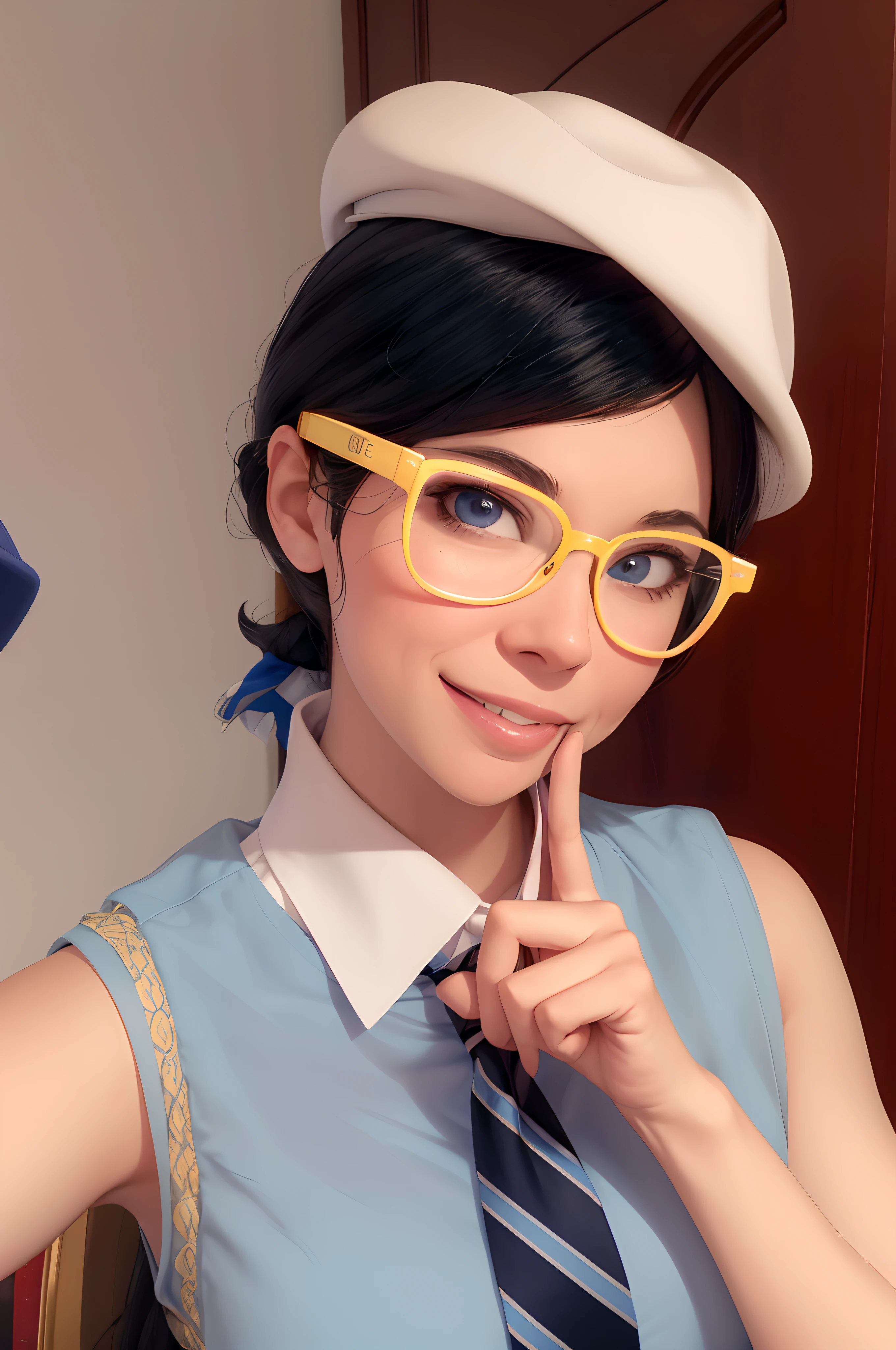 arafed woman in a blue dress and hat with glasses and a tie, with square glasses, belle delphine, faye valentine, anime girl cosplay, wearing thin large round glasses, with glasses, cute slightly nerdy smile, wearing wheat yellow gauze, glasses glasses, thick round spectacles, nerdy appearance, spectacled, professional cosplay, with black eyeglasses
