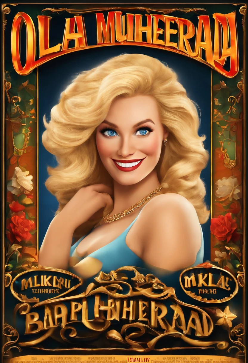 a Disney Pixar style 3D movie poster in high quality with the text "Ola Mulherada" Like a Happy Blonde Woman with Long Hair, blazer, t-shirts and arms crossed. On Background With Many very happy Womans how to one show or presentation teatre