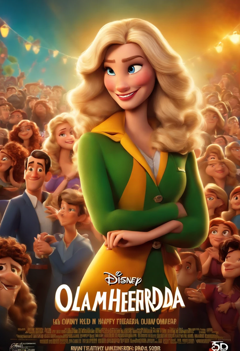 a Disney Pixar style 3D movie poster in high quality with the text "Ola Mulherada" Like a Happy Blonde Woman with Long Hair, blazer, t-shirts and arms crossed. On Background With Many very happy Womans how to one show or presentation teatre