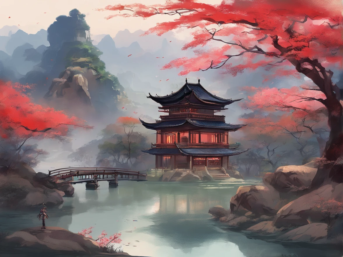 (best quality,realistic:1.37),Chinese style,stone by stone,traditional Chinese painting,ink wash painting,antique charm,serene atmosphere,natural landscape,majestic mountains,elegant rivers,delicate brushstrokes,harmonious colors,subtle shading,ethereal scenery,ancient architecture,serene gardens,peaceful retreat,tranquil ambience,cultural heritage,traditional elements,graceful figures,cherry blossom trees,lush foliage,reflective ponds,lotus flowers,bamboo groves,serene temples,majestic pagodas,stone bridges,flowing water,calligraphy script,impressionistic landscapes,mystical mountains,serene night sky,spiritual connection,zen-like tranquility,harmony between man and nature,graceful movements,poetic compositions,gentle breeze,soft natural light,shadow play,Vermilion Gates,Chinese red color palette,intricate details,celestial harmony,profound essence.