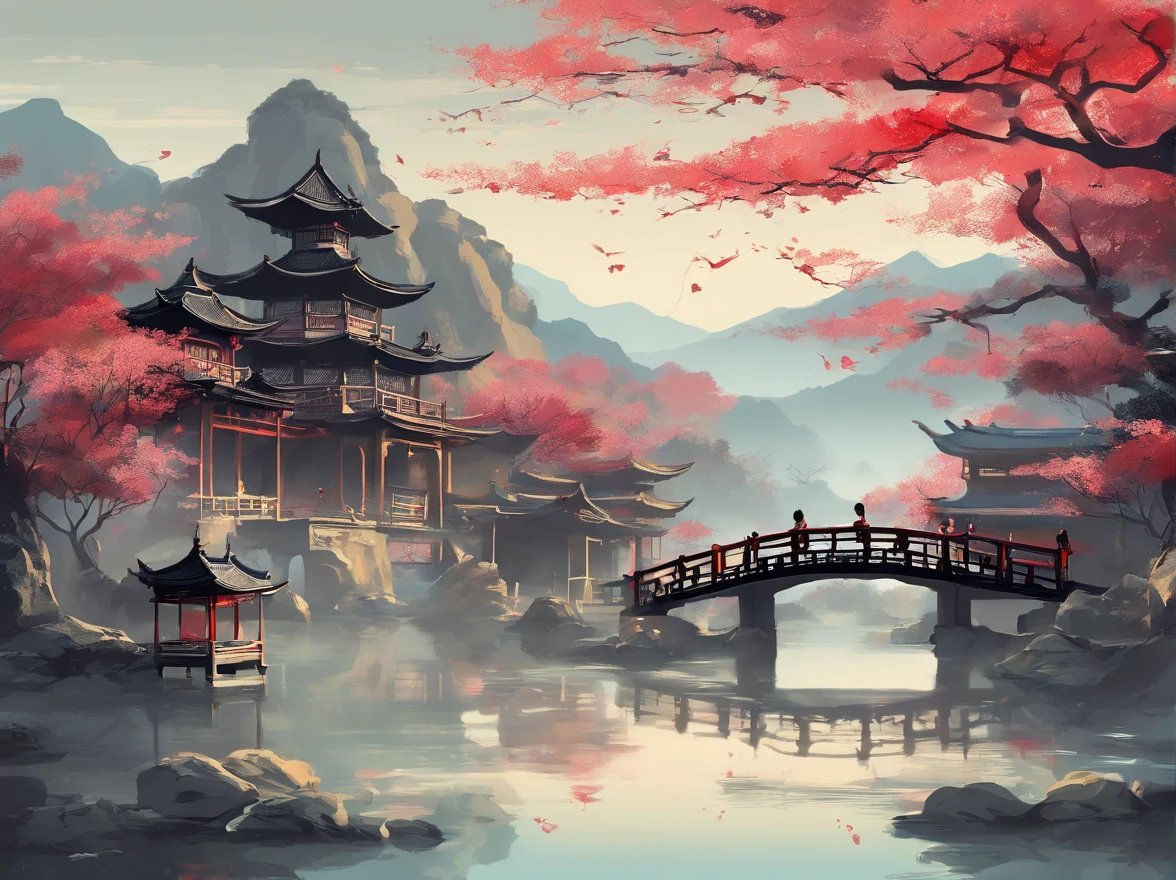 (best quality,realistic:1.37),Chinese style,stone by stone,traditional Chinese painting,ink wash painting,antique charm,serene atmosphere,natural landscape,majestic mountains,elegant rivers,delicate brushstrokes,harmonious colors,subtle shading,ethereal scenery,ancient architecture,serene gardens,peaceful retreat,tranquil ambience,cultural heritage,traditional elements,graceful figures,cherry blossom trees,lush foliage,reflective ponds,lotus flowers,bamboo groves,serene temples,majestic pagodas,stone bridges,flowing water,calligraphy script,impressionistic landscapes,mystical mountains,serene night sky,spiritual connection,zen-like tranquility,harmony between man and nature,graceful movements,poetic compositions,gentle breeze,soft natural light,shadow play,Vermilion Gates,Chinese red color palette,intricate details,celestial harmony,profound essence.