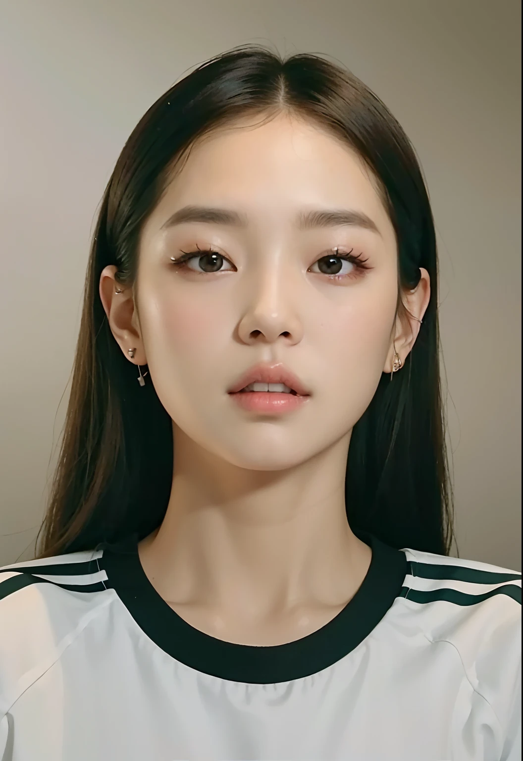 A woman with long hair and a white shirt is looking at the camera, Blackpink Jennie, Retrato de Jossi de Blackpink, Parque Ji-min, Korean symmetrical face, Lee Ji - Eun, Lee Ji-eun, Joven y adorable rostro coreano, Taejune Kim, Shin Min Jeong, Jossi de Blackpink, Rasgos de la cara coreana, Heonhwa Choe