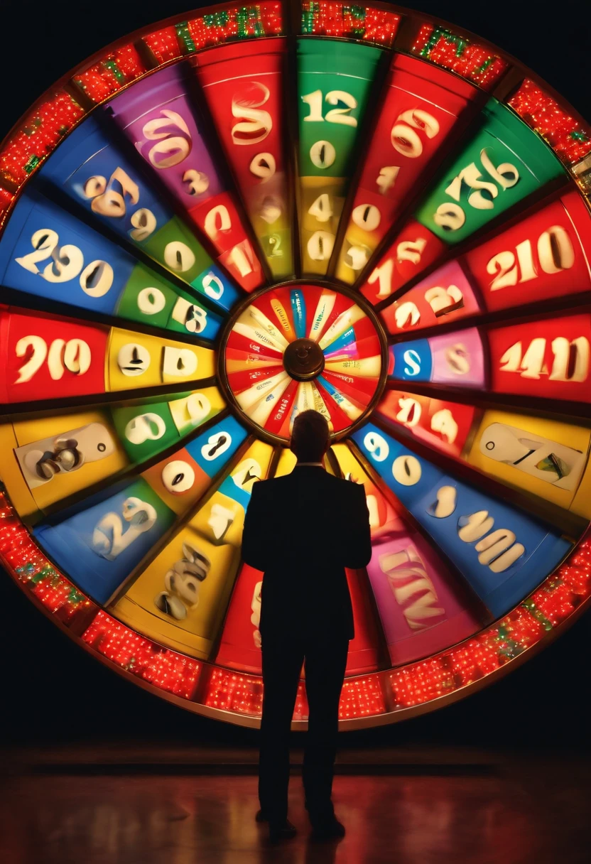 A dynamic presenter, with 40 years of experience in television, stands in front of a colorful lottery wheel, ready to spin and reveal the next lucky numbers.