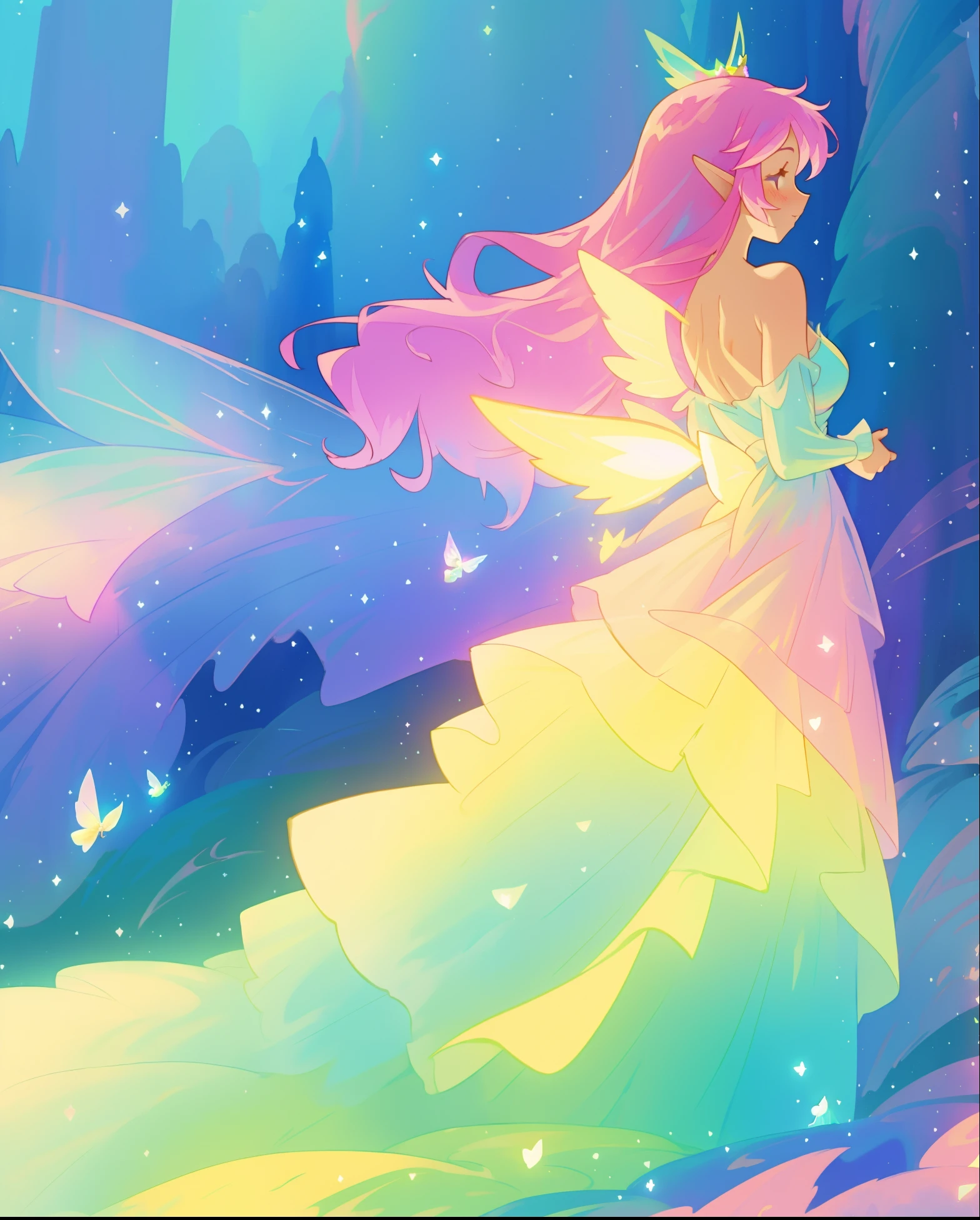 beautiful fairy girl in flowing colorful fairy dress, layered tiered dress, ((fairy queen)), ((huge fairy wings coming from her back)), magical colorful otherworldly landscape, (glowing fairy wings), glowing flowing ballgown, long hair, sparkling fairy wings, watercolor illustration, glowing aura around her, fantasia otherworldly landscape, beautiful, ((masterpiece)), best quality, anime disney style
