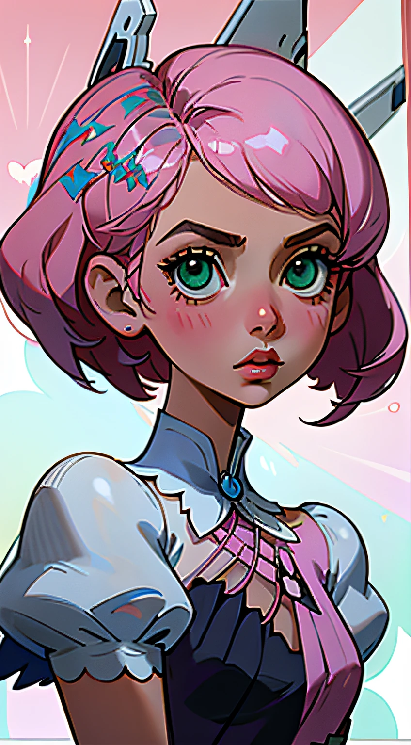 Alisa bosconovitch, melhor qualidade, contemporary, estilo plano, minimalismo, Green Eyes Flat Illustration, cabelo rosa, cabelo curto, cabelos multicoloridos, Camisa Preta, mechanical wings, Head Portrait Close-U, peito pontudo, decote, super decote, middlebreasts, Tekken,cabelo rosa pastel, 1girl, em quimono, hand-painted,Desenho de linha sem cor, colorida do yandere pastel, Tekken, Super cute pink hair girl with gothic makeup on the side, com roupa de empregada,figura esbelta,robusto,He sat on the floor,Vestido com roupas de empregada rosa e branco,cabelos muito curtos,com orelhas de gato,quadratic element,, kawaii cor-de-rosa na roupa da era de 1910, Alisa Bosconovich pink lips, no estilo da paleta de cores suave aurorapunk, an anime illustration of his face, gifs animados, hand drawn animation, charming sketches, suave e brilhante, romantismo nebuloso, Estilo Superflat, fundo branco - ar 1:1 - niji 5 - estilo expressivo --s 50 ,Pink kawaii girl in the era of 1920s clothesPink eagles, vestindo uma camisa branca brilhante, no estilo da paleta de cores suave aurorapunk, an anime illustration of his face, gifs animados, hand drawn animation, charming sketches, suave e brilhante, romantismo nebuloso, Estilo Superflat, fundo branco - ar 1:1 - niji 5 - estilo expressivo --s 50, Absurdo, Altas, ultra detalhados, (1girl:1.3), quebrar , Crie uma imagem com uma bela caligrafia