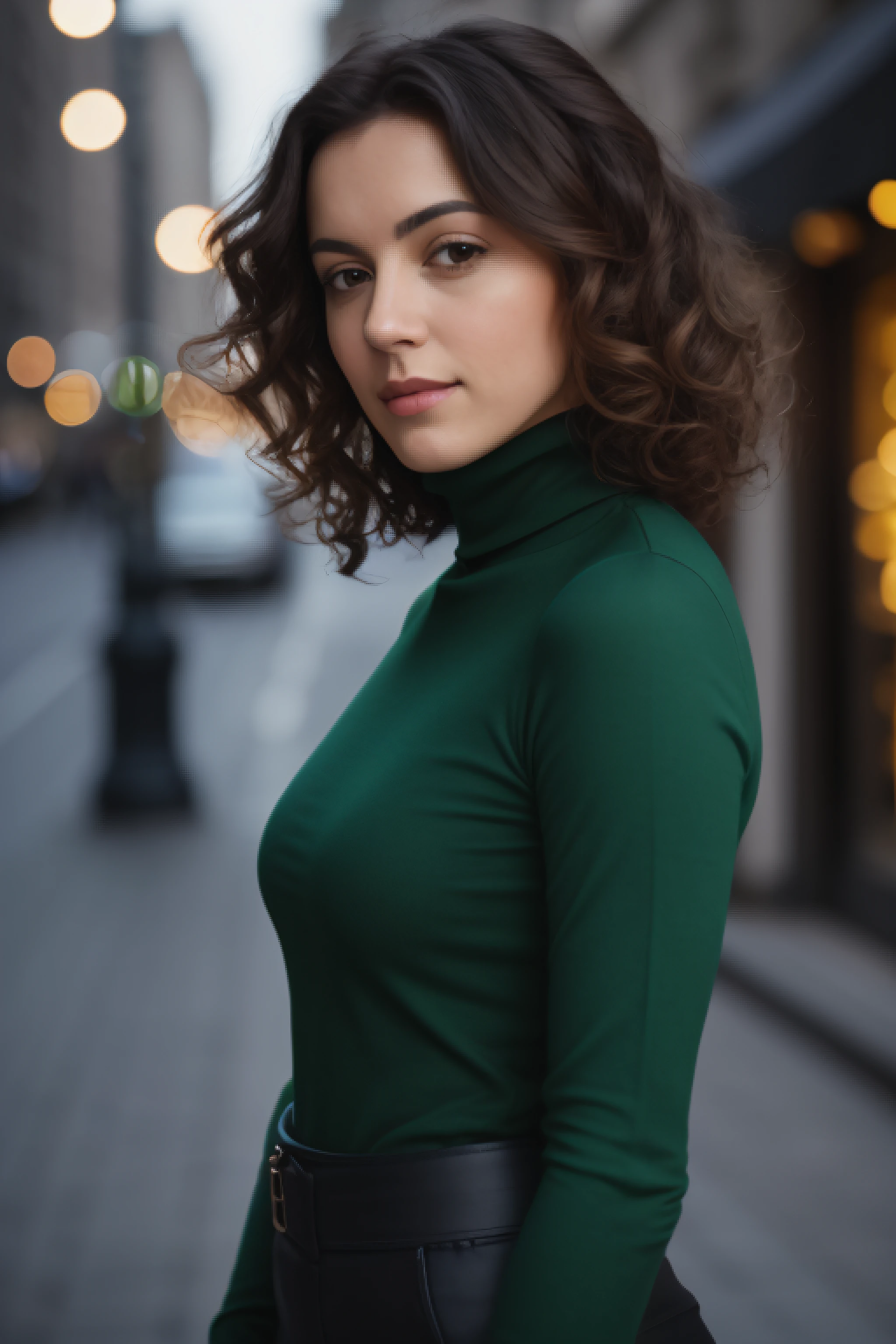 A beautiful portrait of a brune 31 yo woman, long and curly hair, green eyes, professional model pose, wearing a red tight turtleneck top, photorealistic, 4k, full body shot with Canon EOS 6D and a Canon 135mm f2 L lens at F2, very sharp, bokeh lights, day, city, full body portrait, profile