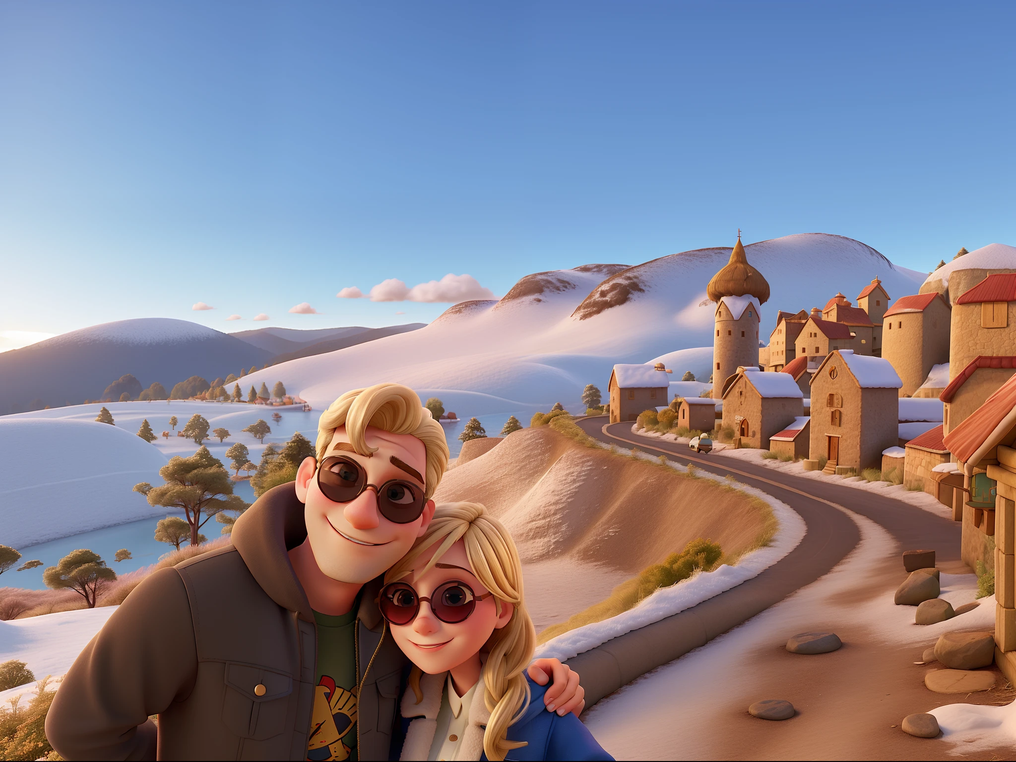 A man with round sunglasses, and a blonde woman with round sunglasses, com roupa de frio, ao fundo vilarejo com neve, no estilo disney pixar, em alta qualidade e melhor qualidade