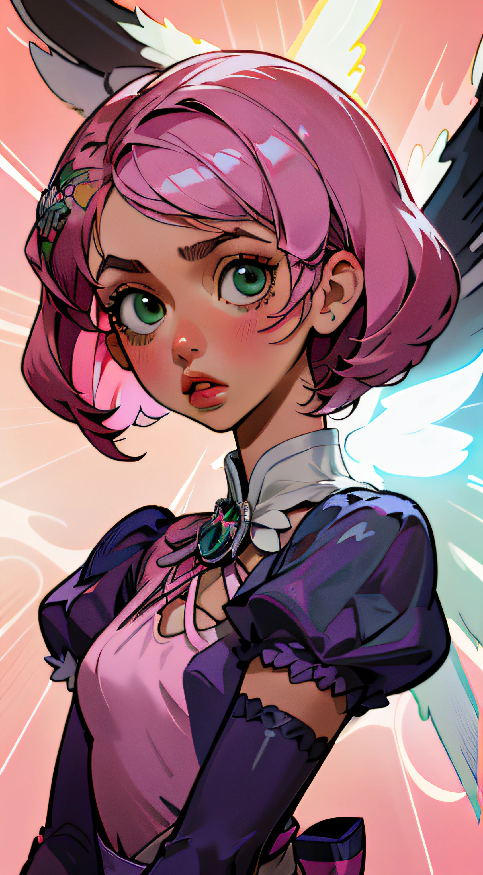 Alisa bosconovitch, melhor qualidade, contemporary, estilo plano, minimalismo, Green Eyes Flat Illustration, cabelo rosa, cabelo curto, cabelos multicoloridos, Camisa Preta, mechanical wings, Head Portrait Close-U, peito pontudo, decote, super decote, middlebreasts, Tekken,cabelo rosa pastel, 1girl, em quimono, hand-painted,Desenho de linha sem cor, colorida do yandere pastel, Tekken, Super cute pink hair girl with gothic makeup on the side, com roupa de empregada,figura esbelta,robusto,He sat on the floor,Vestido com roupas de empregada rosa e branco,cabelos muito curtos,com orelhas de gato,quadratic element,, kawaii cor-de-rosa na roupa da era de 1910, Alisa Bosconovich pink lips, no estilo da paleta de cores suave aurorapunk, an anime illustration of his face, gifs animados, hand drawn animation, charming sketches, suave e brilhante, romantismo nebuloso, Estilo Superflat, fundo branco - ar 1:1 - niji 5 - estilo expressivo --s 50 ,Pink kawaii girl in the era of 1920s clothesPink eagles, vestindo uma camisa branca brilhante, no estilo da paleta de cores suave aurorapunk, an anime illustration of his face, gifs animados, hand drawn animation, charming sketches, suave e brilhante, romantismo nebuloso, Estilo Superflat, fundo branco - ar 1:1 - niji 5 - estilo expressivo --s 50, Absurdo, Altas, ultra detalhados, (1girl:1.3), quebrar , Crie uma imagem com uma bela caligrafia