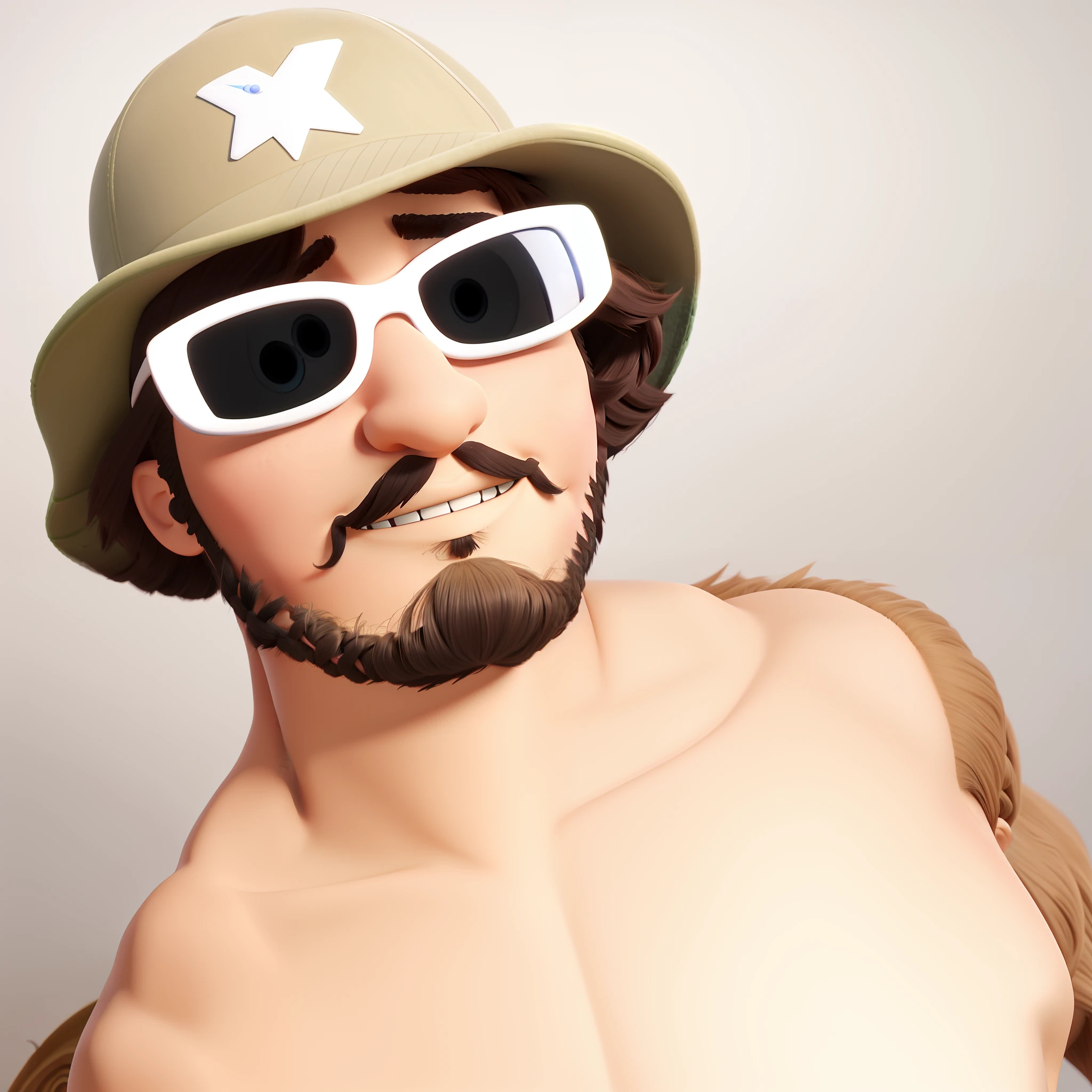 Banner pixar Disney 3D Garoto moreno cabelo cortado, Cap back, tocando ukulele, corpo de atleta, barba bem curta e falhada, cabelo preto e olhos castanhos