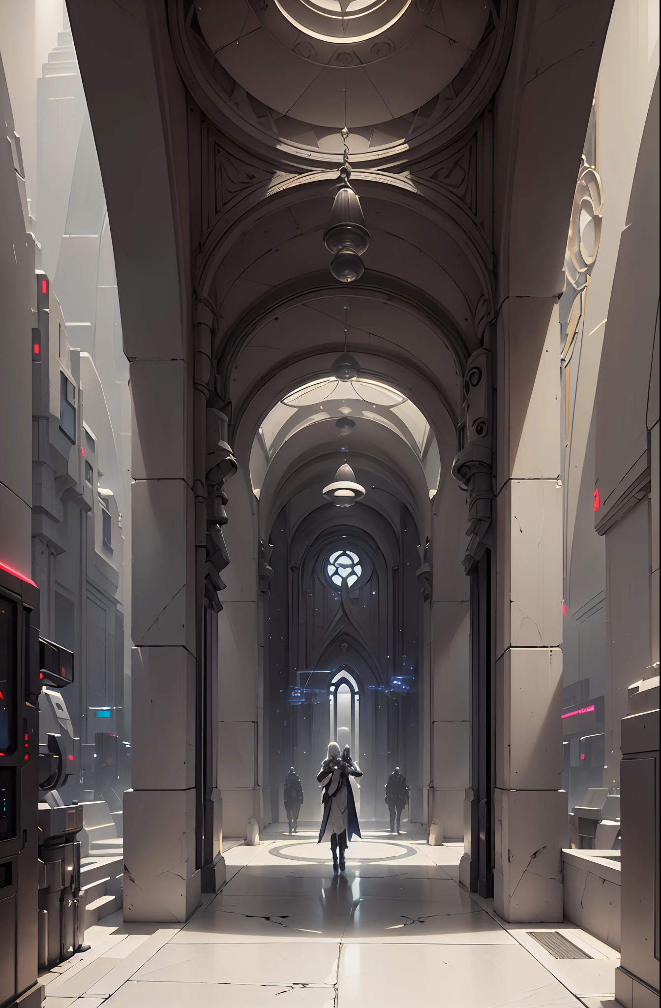 Urbanized interior. High, gigantic ceiling, temple-palace architecture. Cybernetic data center. The central part is a spherical computing artificial organism connected by many wires to monitors placed on the walls. The building is in the ancient Gothic style and looks very modern. White plastic, aluminum, polished artificial stone. 3D architectural printing. The walls are decorated with a complex geometric fractal pattern. White and gold dominate the main color range. The general stage is immersed in twilight, and the central form of the artificial organism is illuminated by white - artificial light. The shiny surface reflects surrounding objects. Lots of light bulbs - electronics. (Cyberpunk, futurism), (Ghost in the Shell style, Japanese anime.
Interior lighting, neutral-white light - warm shadows, matrix geometry, and secret symbolism decorate the floor. Tall Gothic windows - the atmosphere of the future, an alien highly developed civilization, in the side naves there are electronic holograms. Warm bright - contrasting light, light clear shadows, clear image of details, texture, decor (high image quality), (Clear high-quality render), (unreal engine), РD quality, 8K. Stylization Animation, RiotGames, Lucas Arts, Japanese cyberpunk anime, Blade Runner. Sh.R. Giger "Alien".