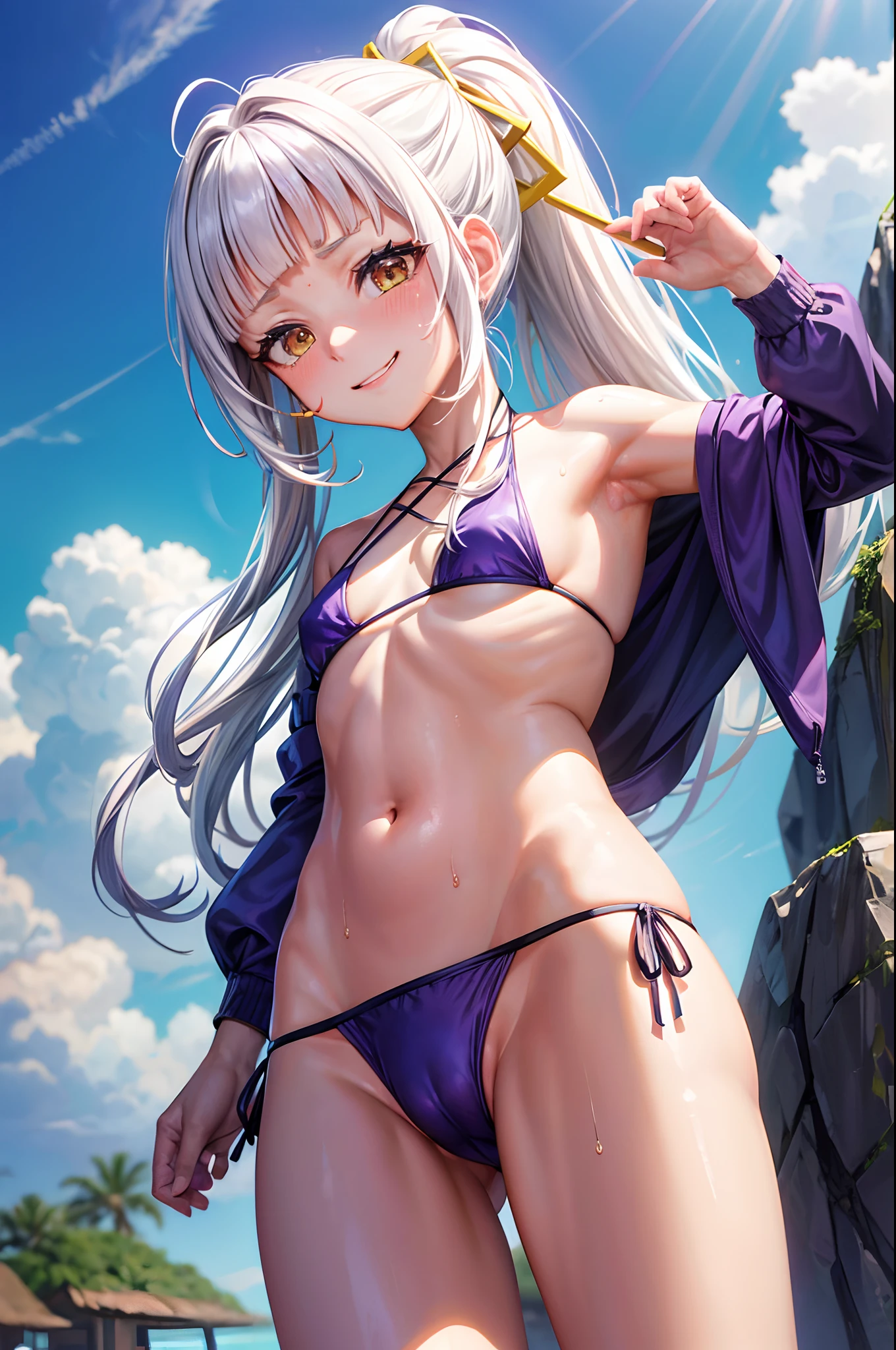(masterpiece, 8k, ultra detailed, best quality, highres), Murasaki Shion:1.2, solo:1.1 (White hair, smug smiling, sweating, at the beach, from below:1.2, front view, ponytail:1.2, cameltoe, Purple String Bikini:1.4, (flat chested, small breasts), nsfw, oily skin, sunny day)