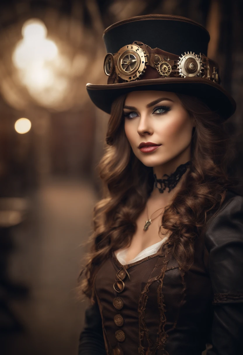 (best quality,4k,realistic:1.2),A girl wearing steampunk style hat,beautiful detailed eyes,long lashes,soft lips,steampunk costume,detailed gears and cogs,mechanical accessories,bronze tones,industrial backdrop,vintage setting,dusty atmosphere,worn-out textures,meticulous attention to detail,vivid colors,soft lighting