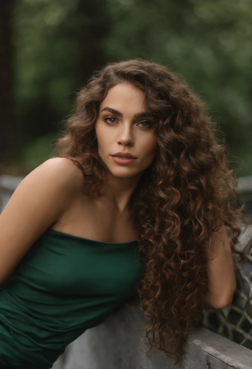 A woman with long curly brown hair and a green T-shirt, Ava Max, Her hair is curly brown, with long curly brown hair, Perfect girl with curly brown hair , Curly Chestnut Goddess, long brown curly hair, Angelawhite, with curly brown hair, Curly Brown, Yelena Belova, Belleza asombrosa, brown curly hair, full curly brown, with long curly brown hair, Cara sexy, hiperrealista