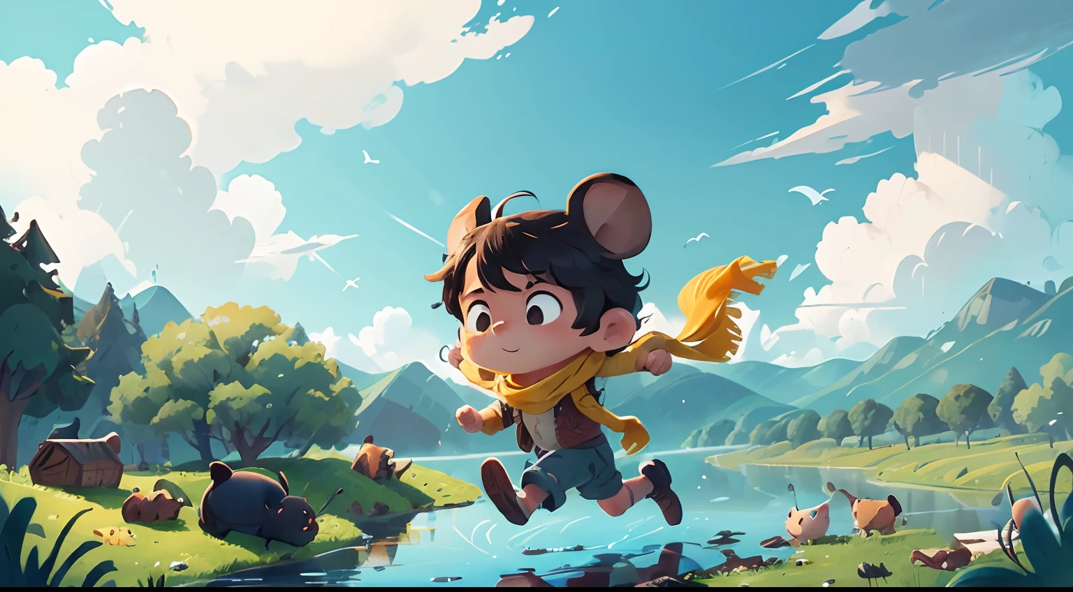 I would like a drawing, by a lake on the farm, The image should show the sky full of black clouds, Natural lighting, in the center of the image the Pimpão mouse running with his blue and yellow scarf, the lake on the farm.