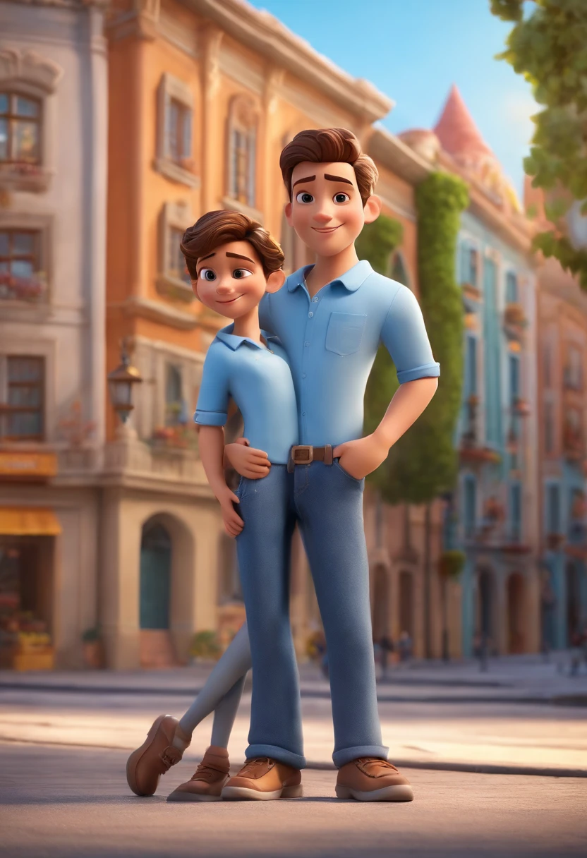 character, identical twin brothers, arms crossed, young man, , builder style, wearing jeans and a light blue long-sleeved shirt, 3d mascot, disney pixar style, in the background a beautiful city with buildings, scene blur. mascots in the foreground in high quality