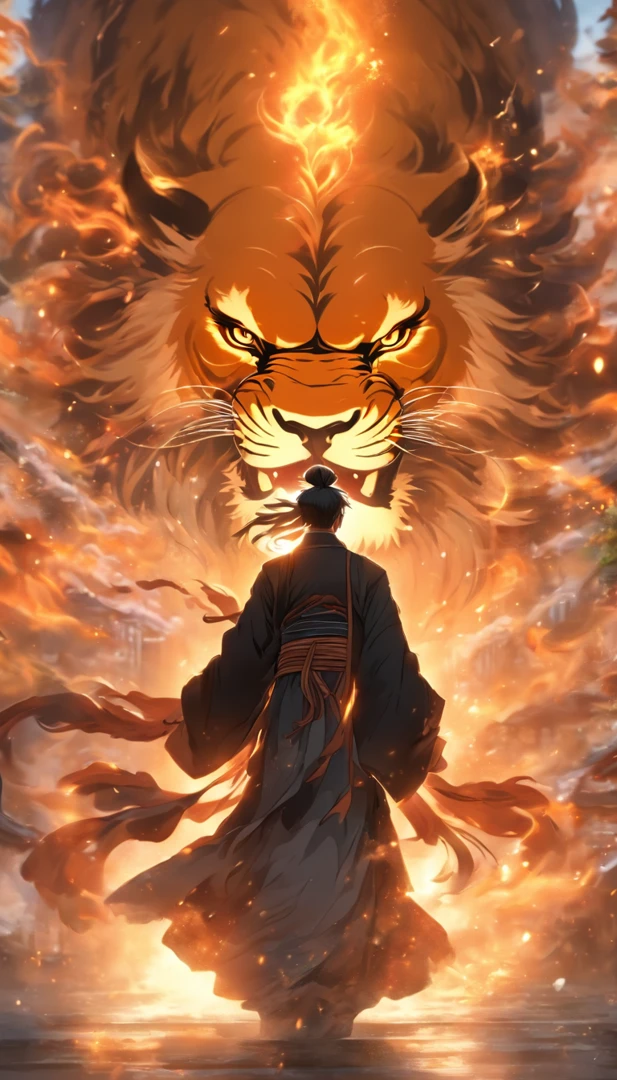 china style，中景 the scene is，The Taoist monk stood in front of a huge transparent lion，reaching out her hands，Long messy hair，glow effect，Hyper-realistic，Ultra photo realsisim，Chinese black and white ink style，Silver，decolorization，Smudge，inky，8K，super-fine，high quarity，OC Renderer