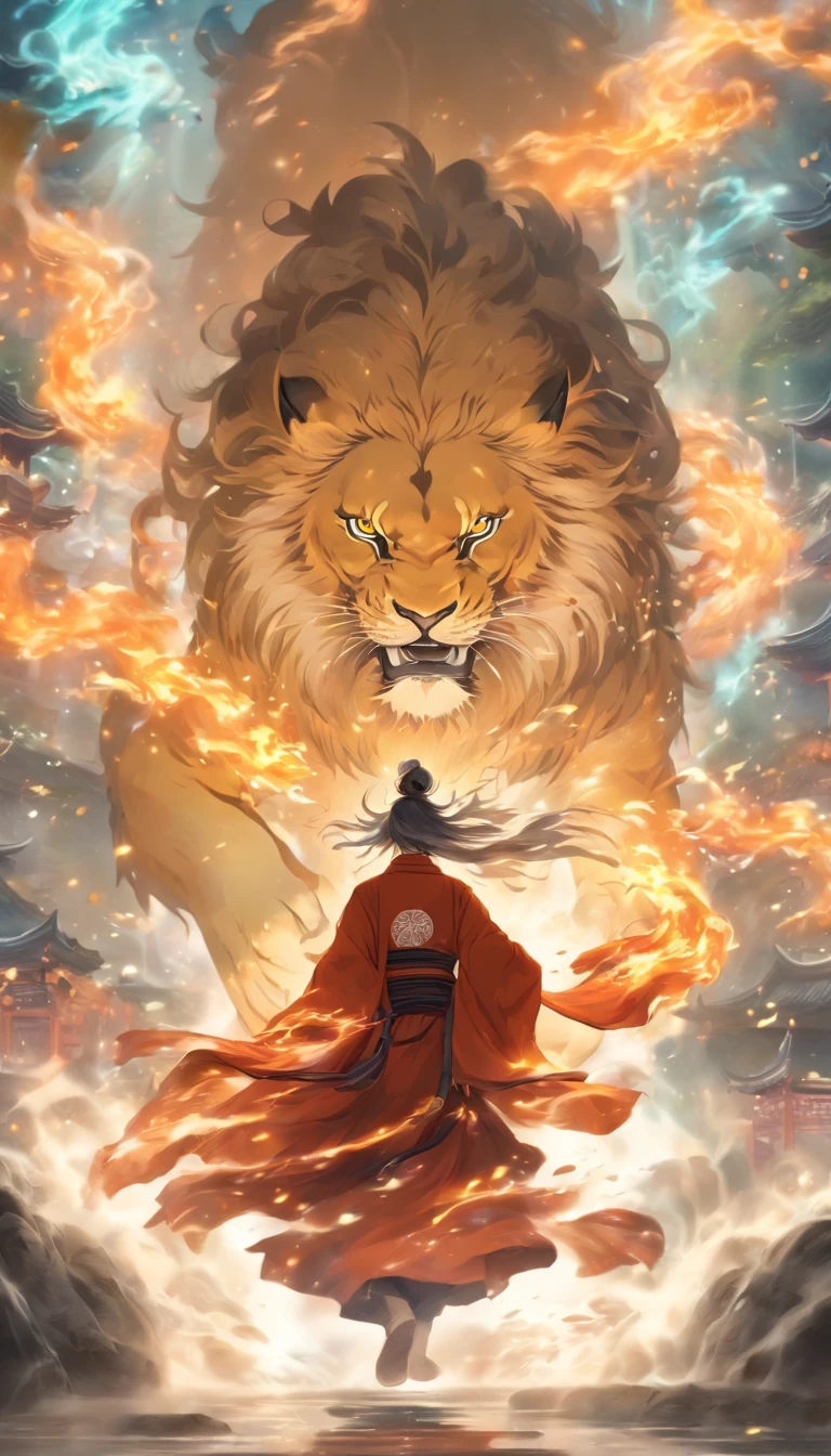 china style,中景 the scene is,The Taoist monk stood in front of a huge transparent lion,reaching out her hands,Long messy hair,glow effect,Hyper-realistic,Ultra photo realsisim,Chinese black and white ink style,Silver,decolorization,Smudge,inky,8K,super-fine,high quarity,OC Renderer
