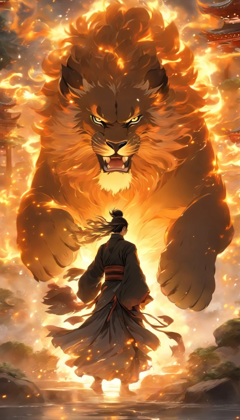china style,中景 the scene is,The Taoist monk stood in front of a huge transparent lion,reaching out her hands,Long messy hair,glow effect,Hyper-realistic,Ultra photo realsisim,Chinese black and white ink style,Silver,decolorization,Smudge,inky,8K,super-fine,high quarity,OC Renderer