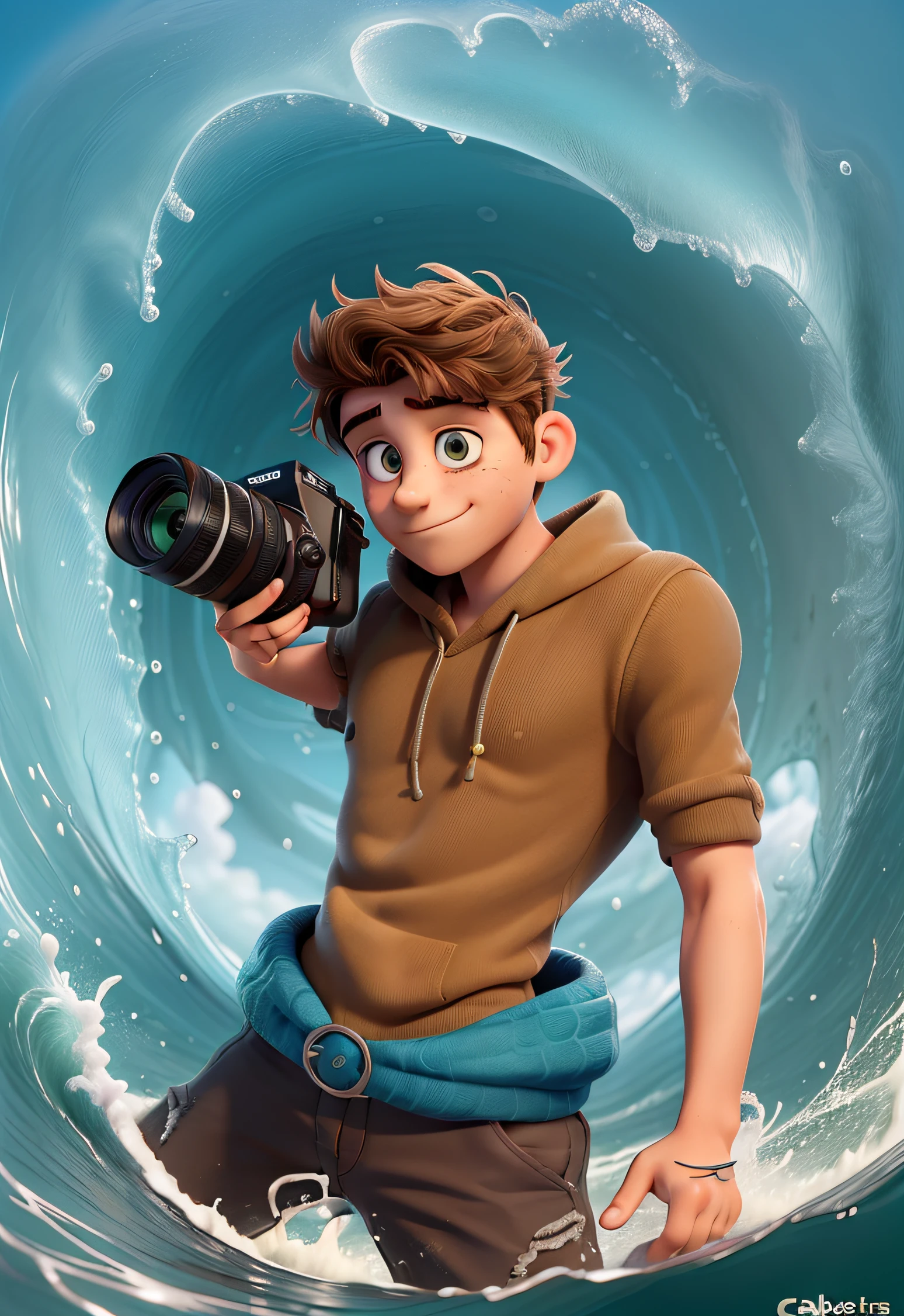 (CApa de filme estilo monstros SA), ((ung man, fotografo, cabelos longos, com pontas loiras, olhos castranhos), expressao extrovertida, With a camera in his hand,surfando em ondas