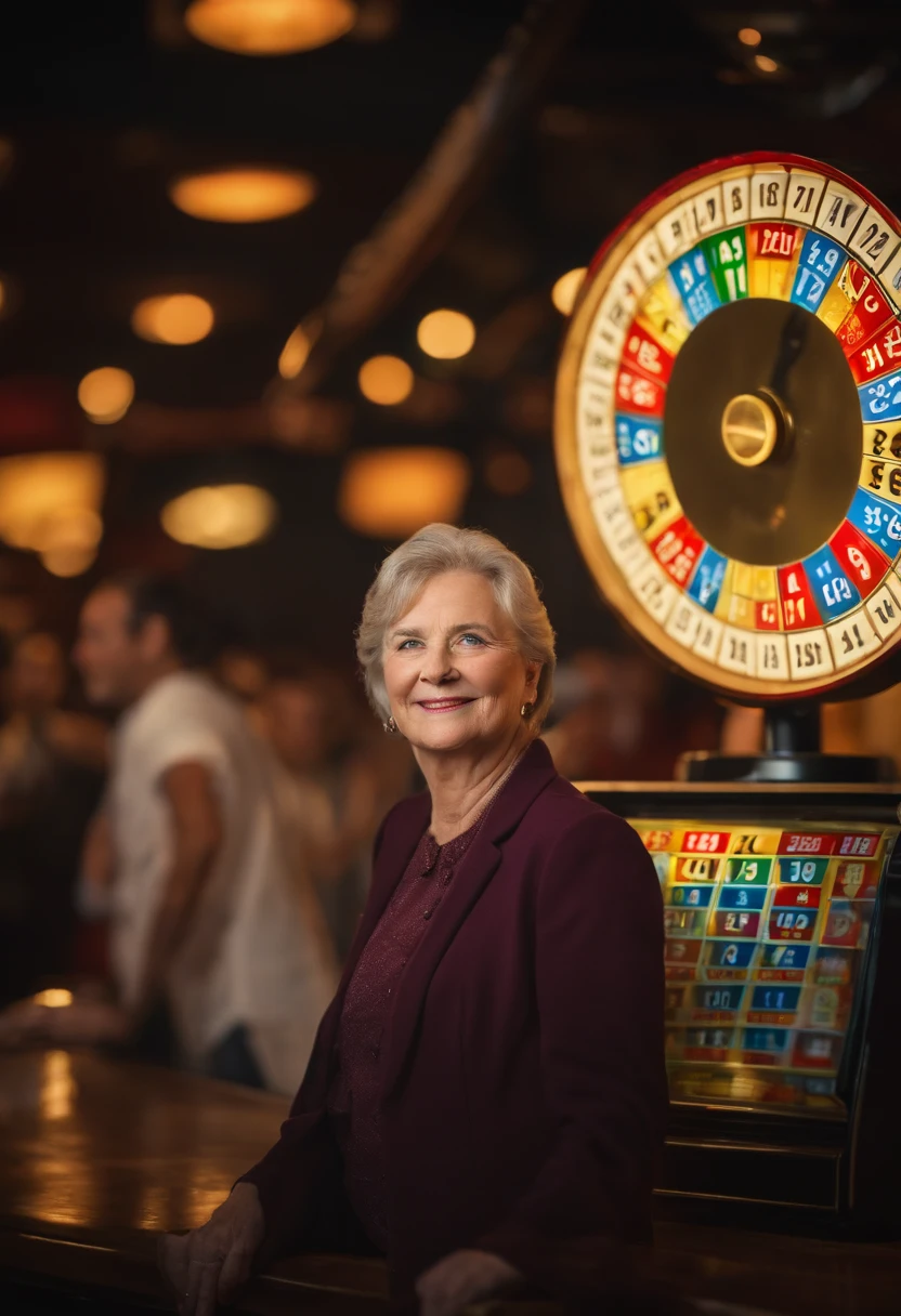 A seasoned presenter, with 40 years of experience in the television industry, stands in front of a vibrant lottery scene. Their gaze is direct and captivating, drawing the viewer into the world of lottery games.