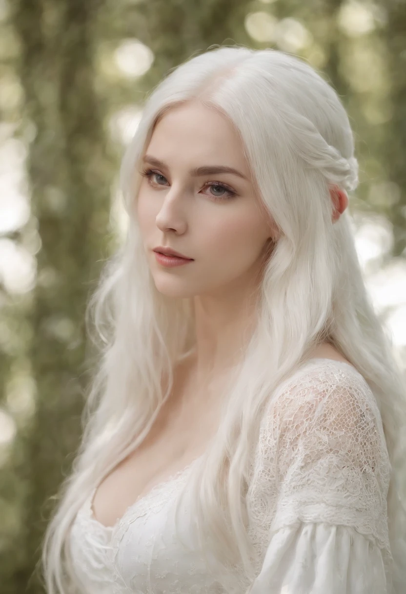 Breasts are big,a beauty girl,I'm wearing a white tight knit,Pure white long hair,elf-ears,