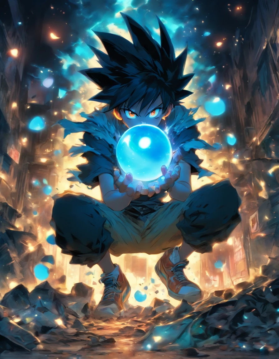 1boy, orphan, sitting on ground, holding a glowing blue pearl, shocked, shabby cloths, looking at the Perl, solo, full body, yellow eyes, sitting on ground, garbage's around him, messy hair, black hair, ripped old cloth