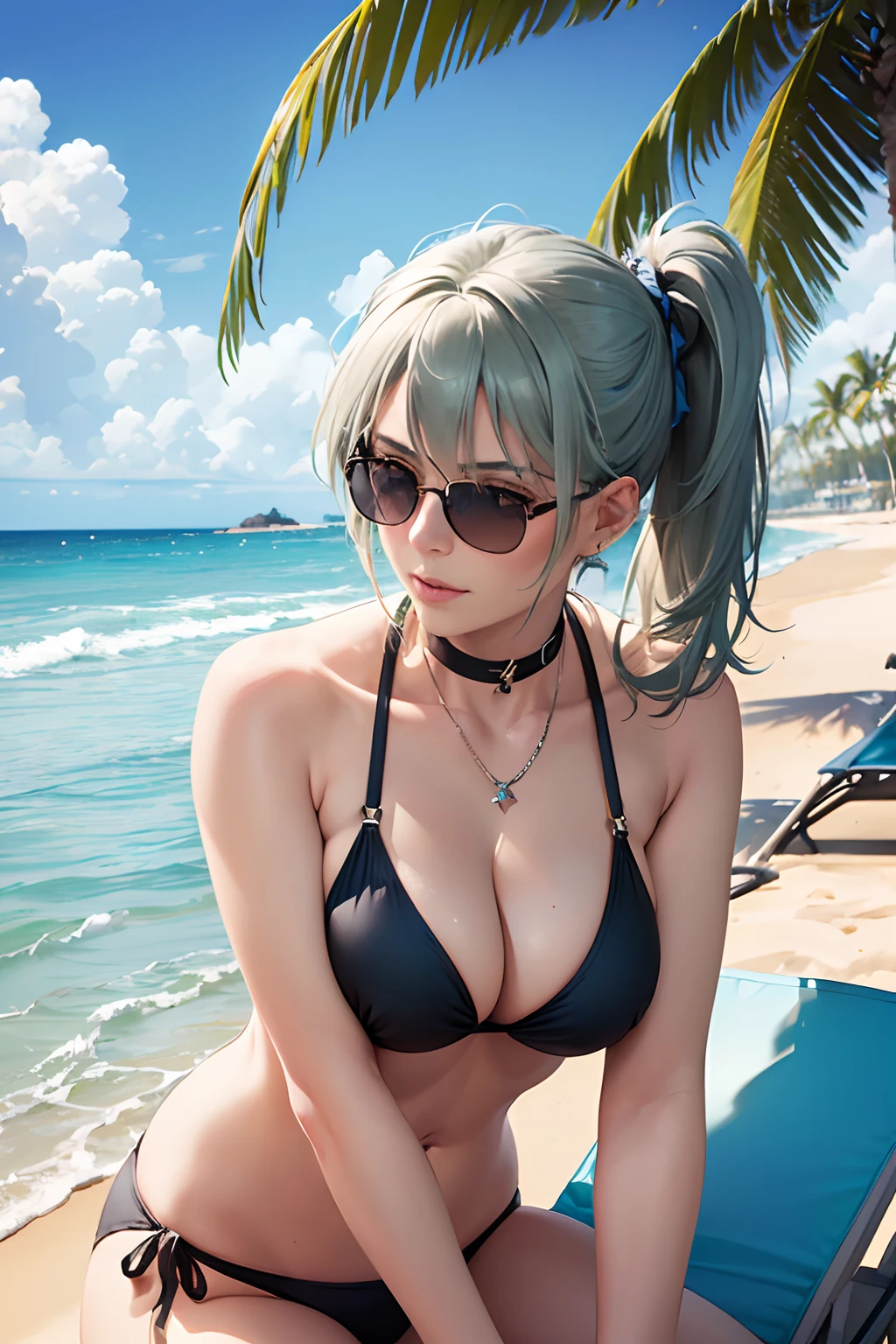 best quality, ultra high res, (((1girl, solo))), ((mature)), green gray hair, choker, adult girl, mature girl, ((milf, mother)), side ponytail, ponytail on shoulder, bikini, on the beach, palm trees, blue sky, lying down on a beach chair, sunglasses